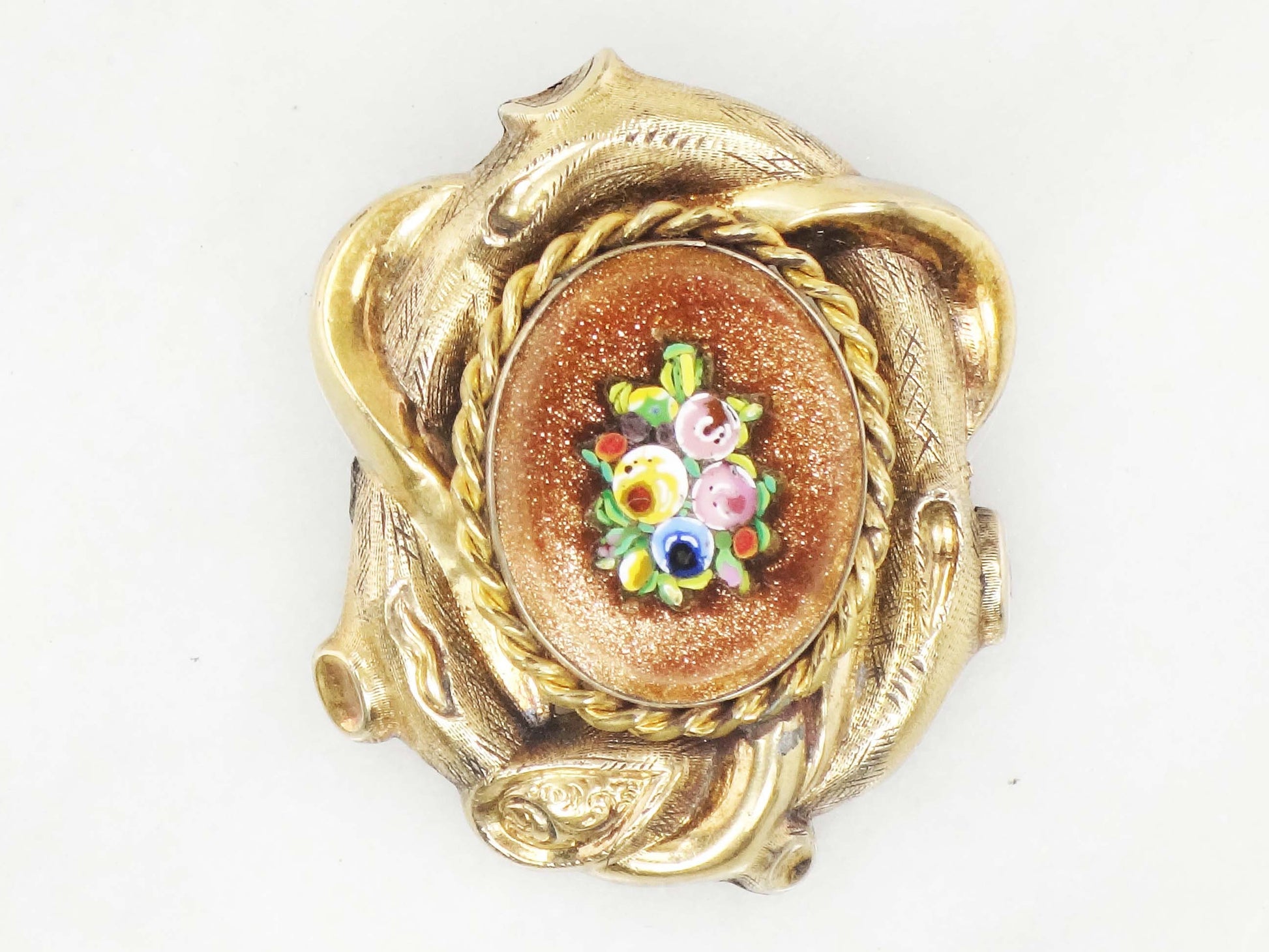 Vintage 10k Yellow Gold Floral Micro Mosaic Pin Pendant Victorian / Antique Goldstone Glass Pin