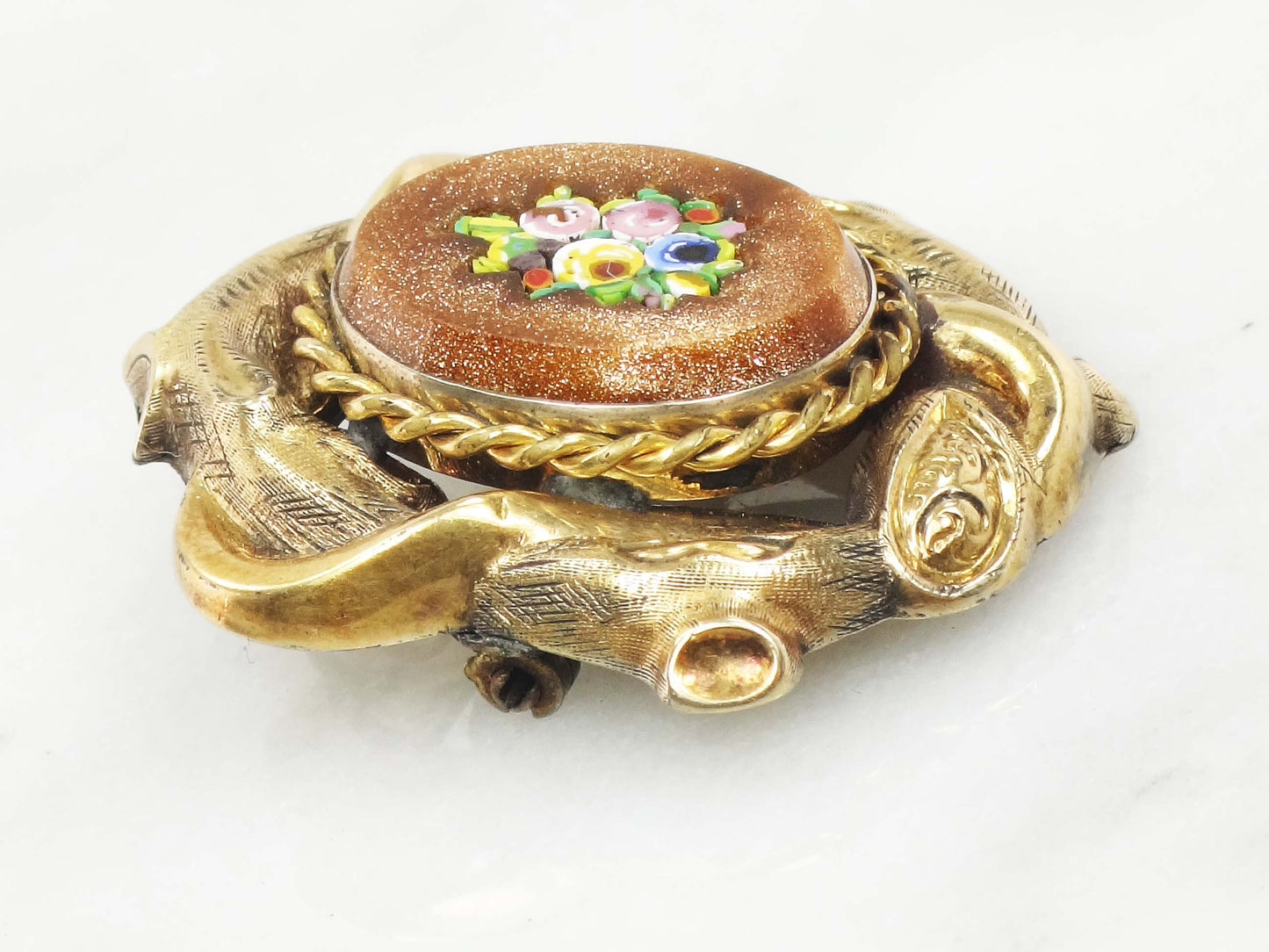 Vintage 10k Yellow Gold Floral Micro Mosaic Pin Pendant Victorian / Antique Goldstone Glass Pin