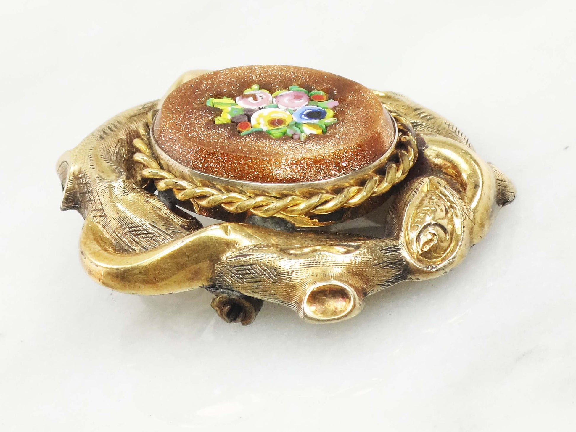 Vintage 10k Yellow Gold Floral Micro Mosaic Pin Pendant Victorian / Antique Goldstone Glass Pin