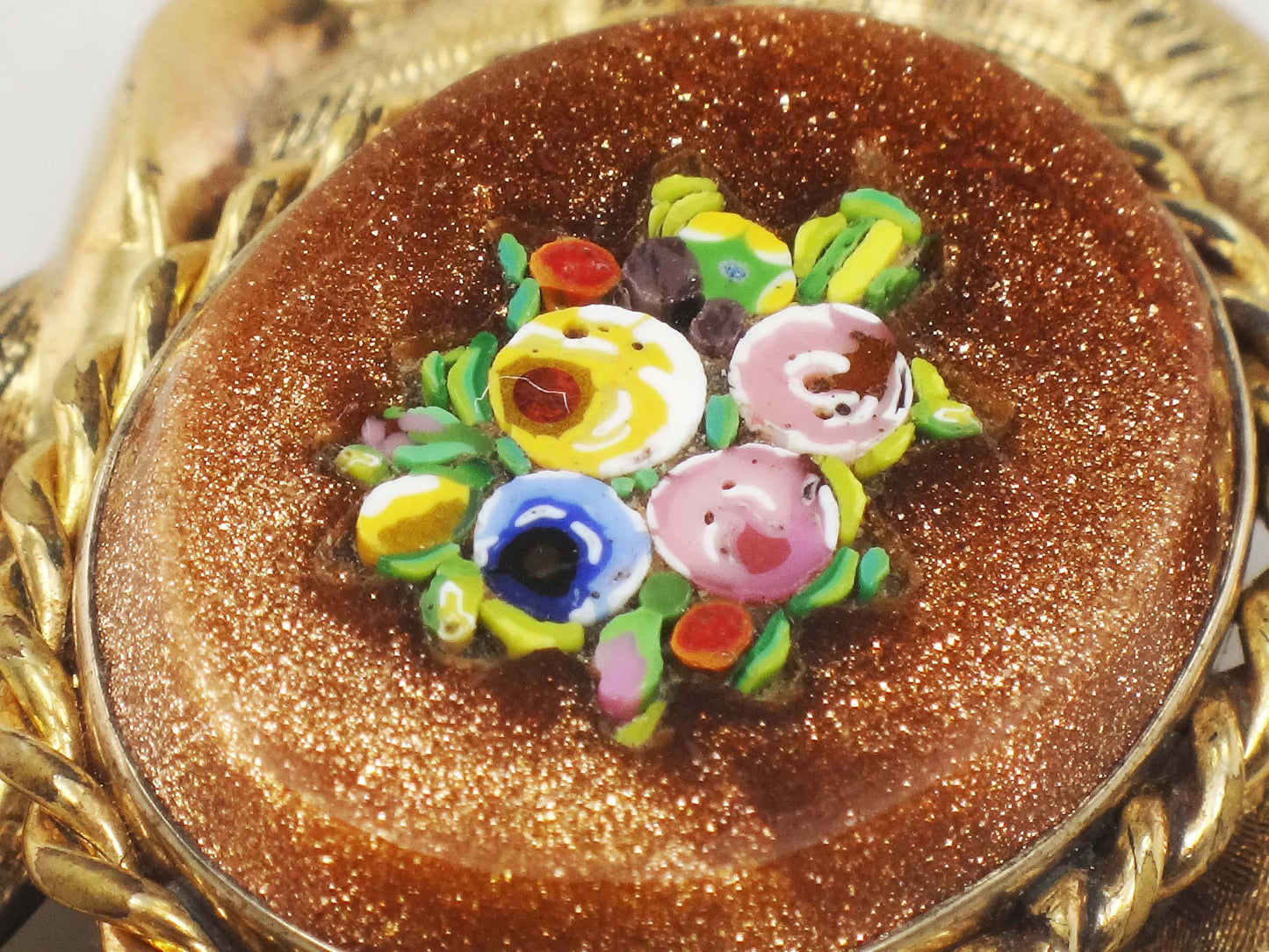 Vintage 10k Yellow Gold Floral Micro Mosaic Pin Pendant Victorian / Antique Goldstone Glass Pin
