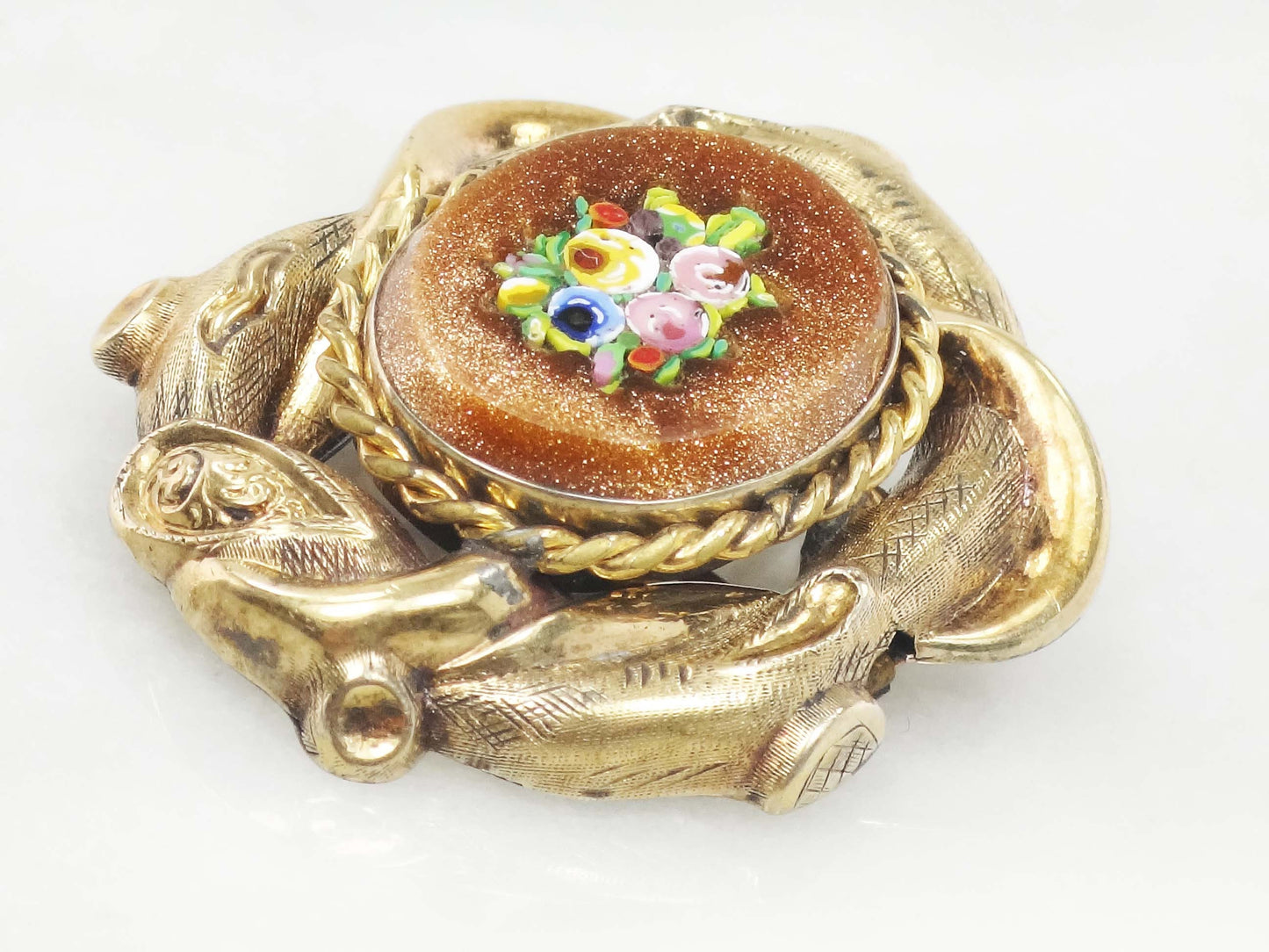 Vintage 10k Yellow Gold Floral Micro Mosaic Pin Pendant Victorian / Antique Goldstone Glass Pin