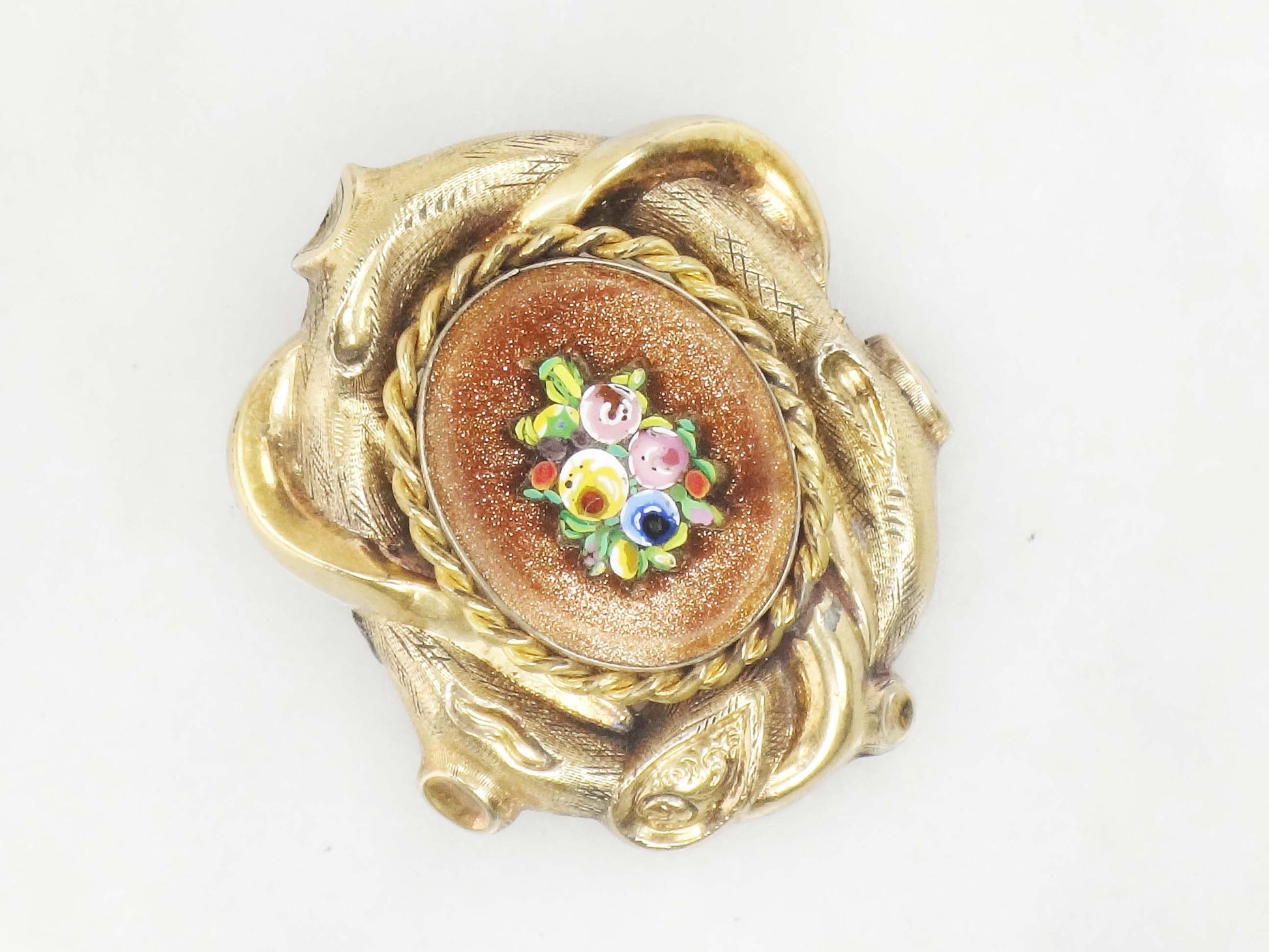 Vintage 10k Yellow Gold Floral Micro Mosaic Pin Pendant Victorian / Antique Goldstone Glass Pin
