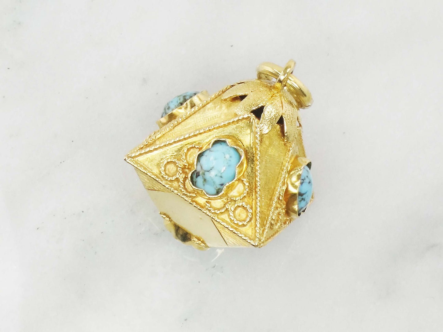 Vintage Large 18k Gold Turquoise Charm Pendant, Etruscan Revival Italian Charm