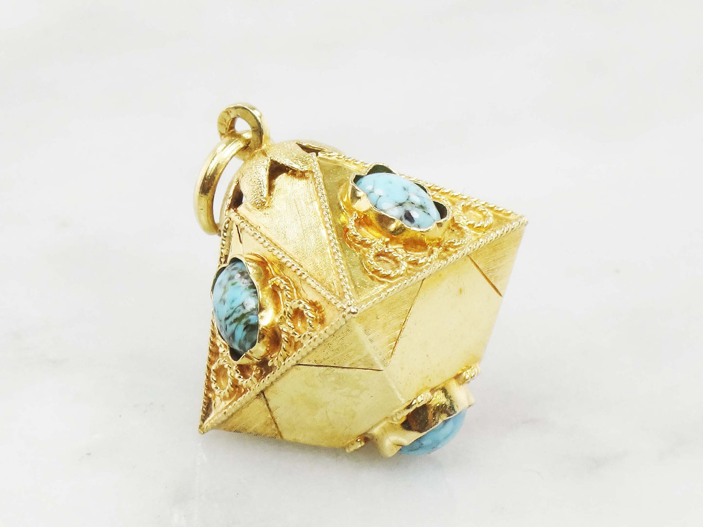 Vintage Large 18k Gold Turquoise Charm Pendant, Etruscan Revival Italian Charm