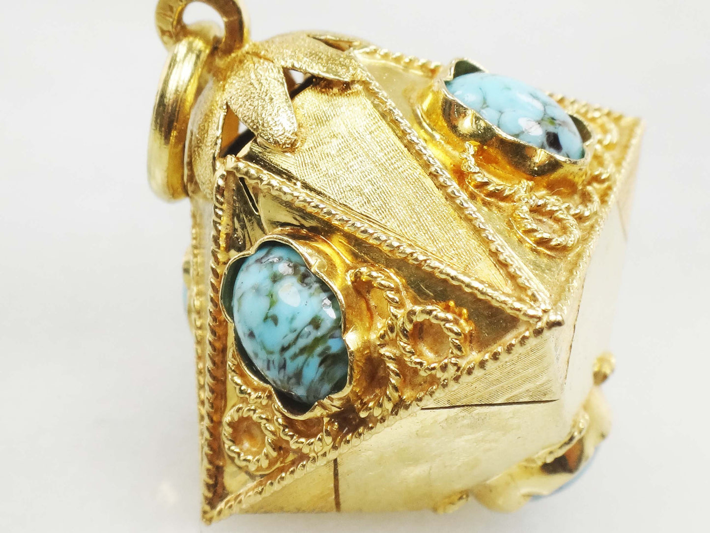 Vintage Large 18k Gold Turquoise Charm Pendant, Etruscan Revival Italian Charm