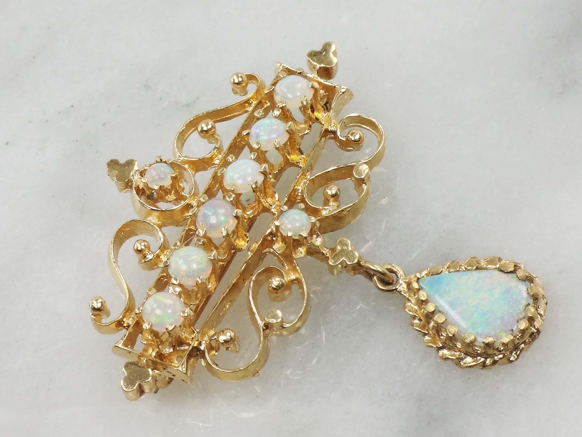 Vintage 14k Yellow Gold Opal Pendant Pin: Australian Opal October Birthstone