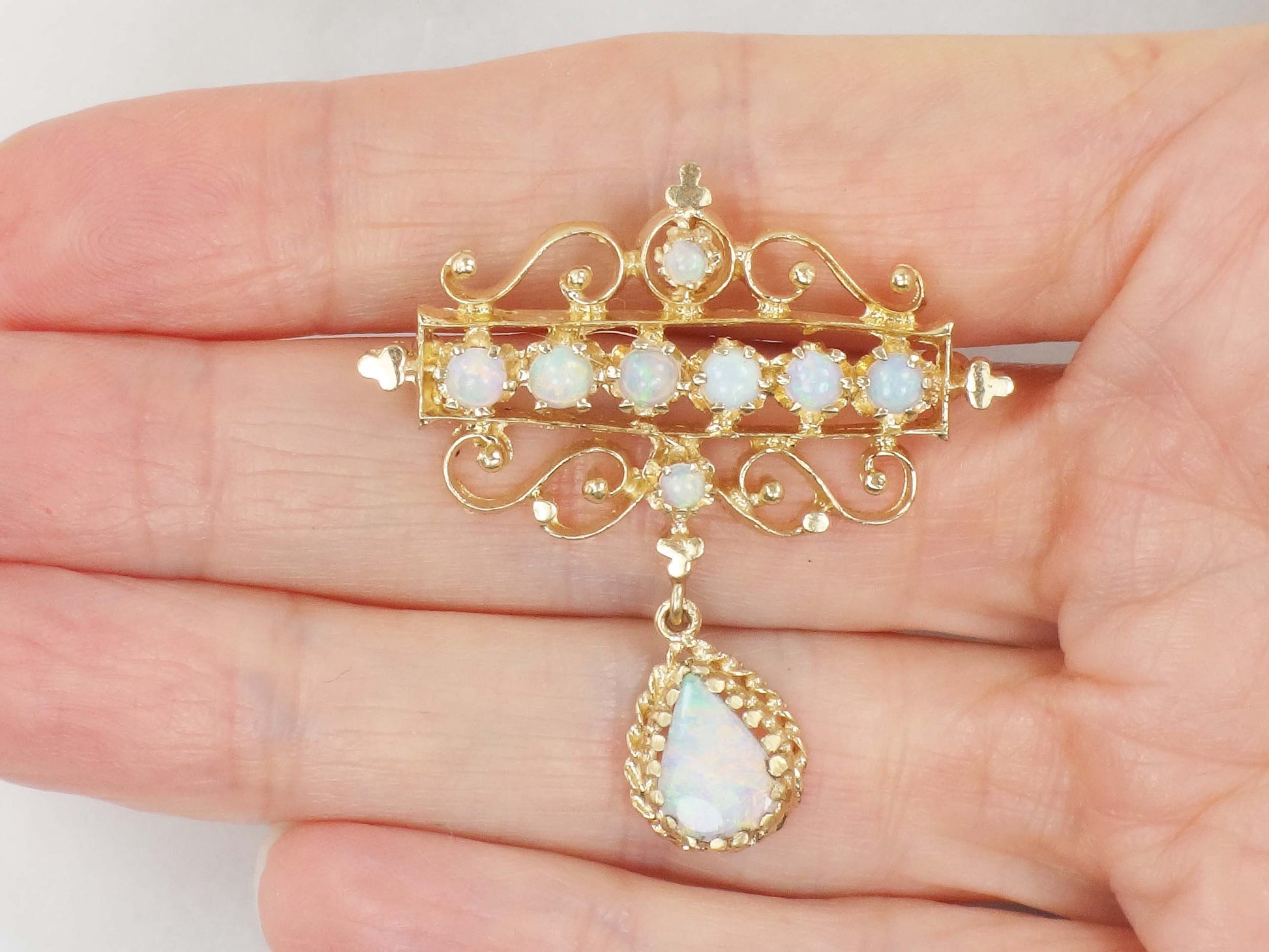 Vintage 14k Yellow Gold Opal Pendant Pin: Australian Opal October Birthstone