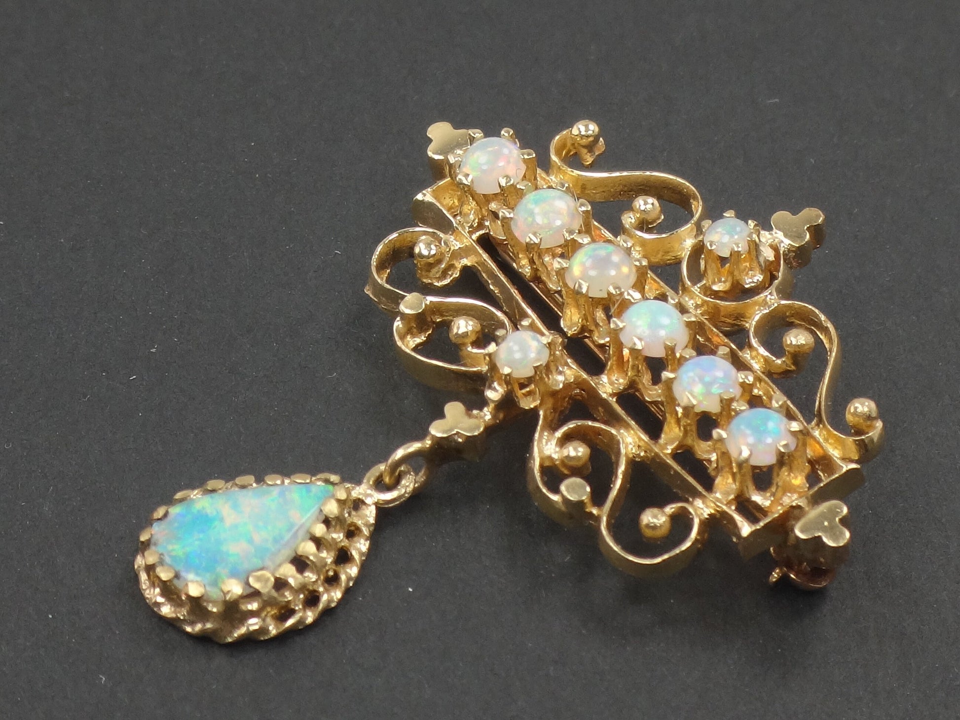 Vintage 14k Yellow Gold Opal Pendant Pin: Australian Opal October Birthstone