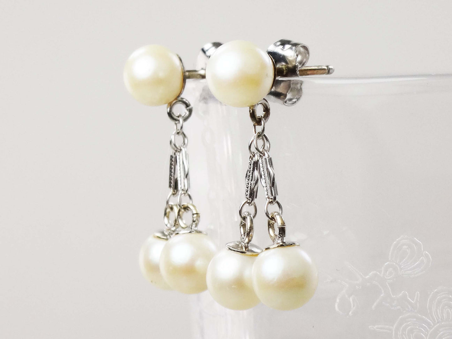 Vintage 14k White Gold Pearl Dangle Earrings, Bridal Fine Jewelry