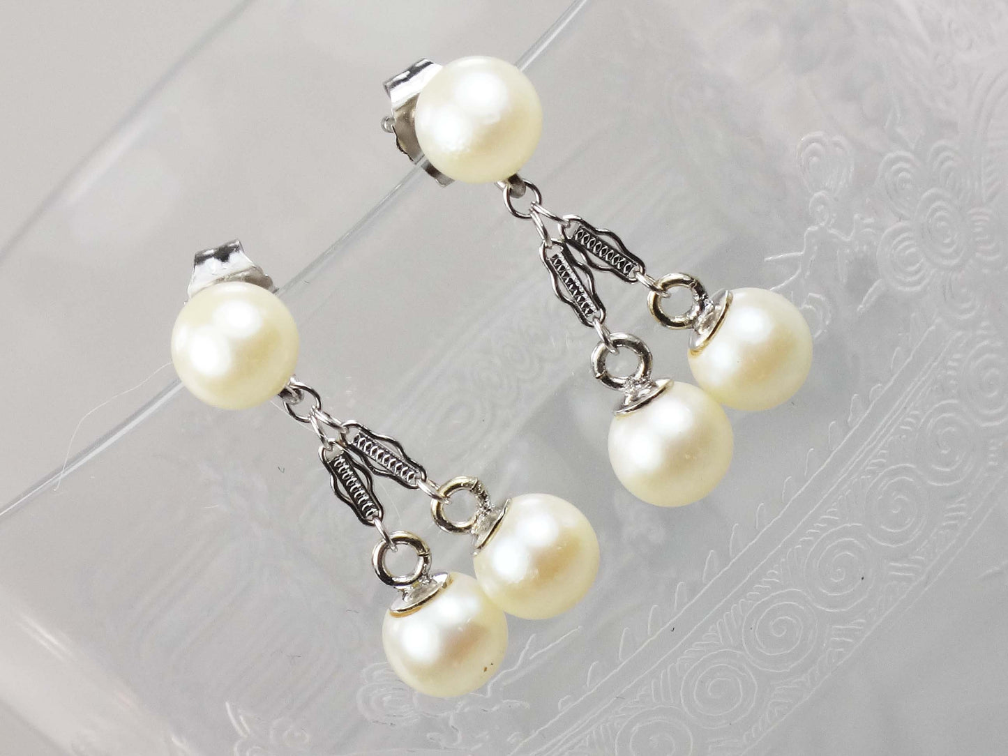 Vintage 14k White Gold Pearl Dangle Earrings, Bridal Fine Jewelry