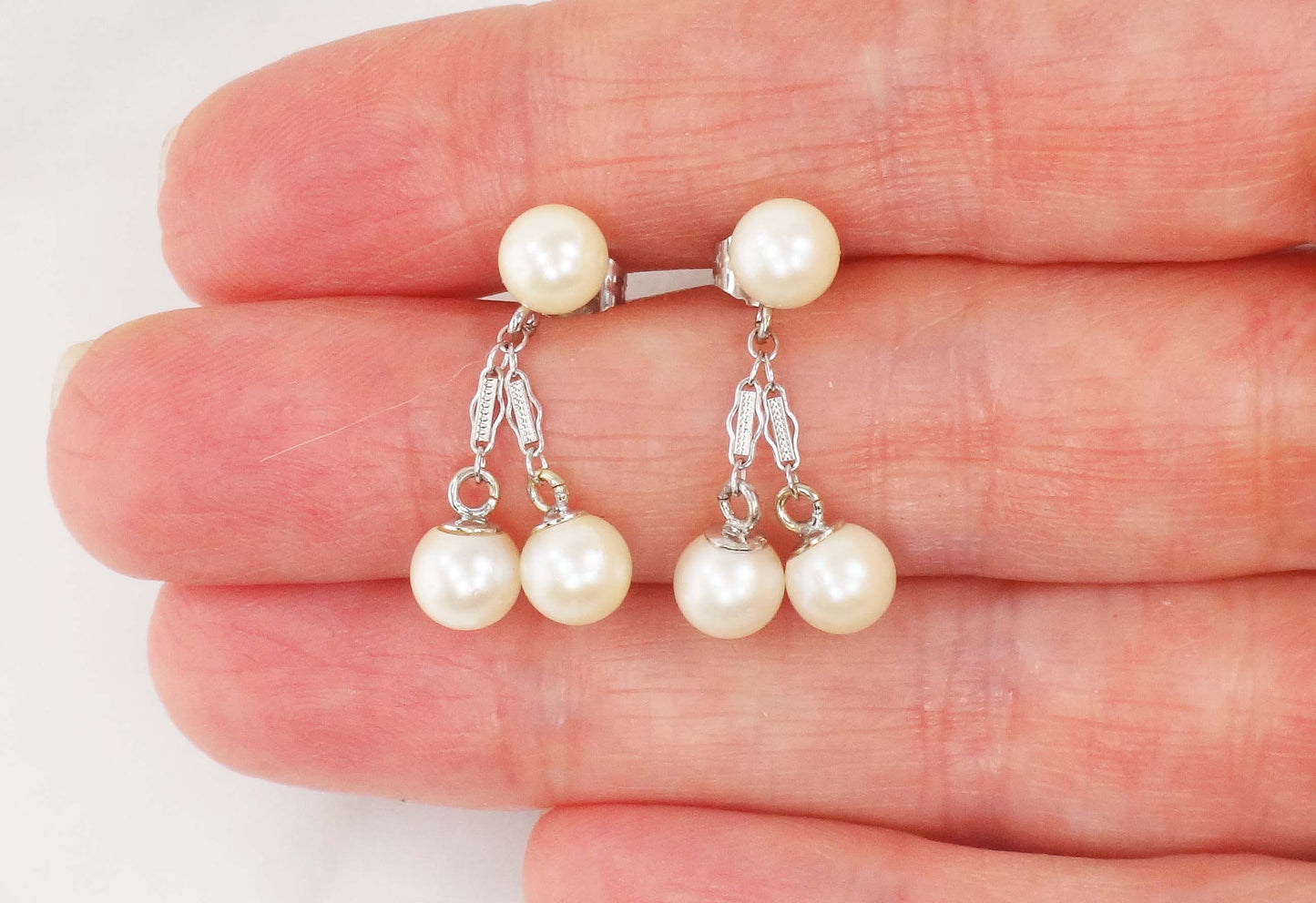 Vintage 14k White Gold Pearl Dangle Earrings, Bridal Fine Jewelry