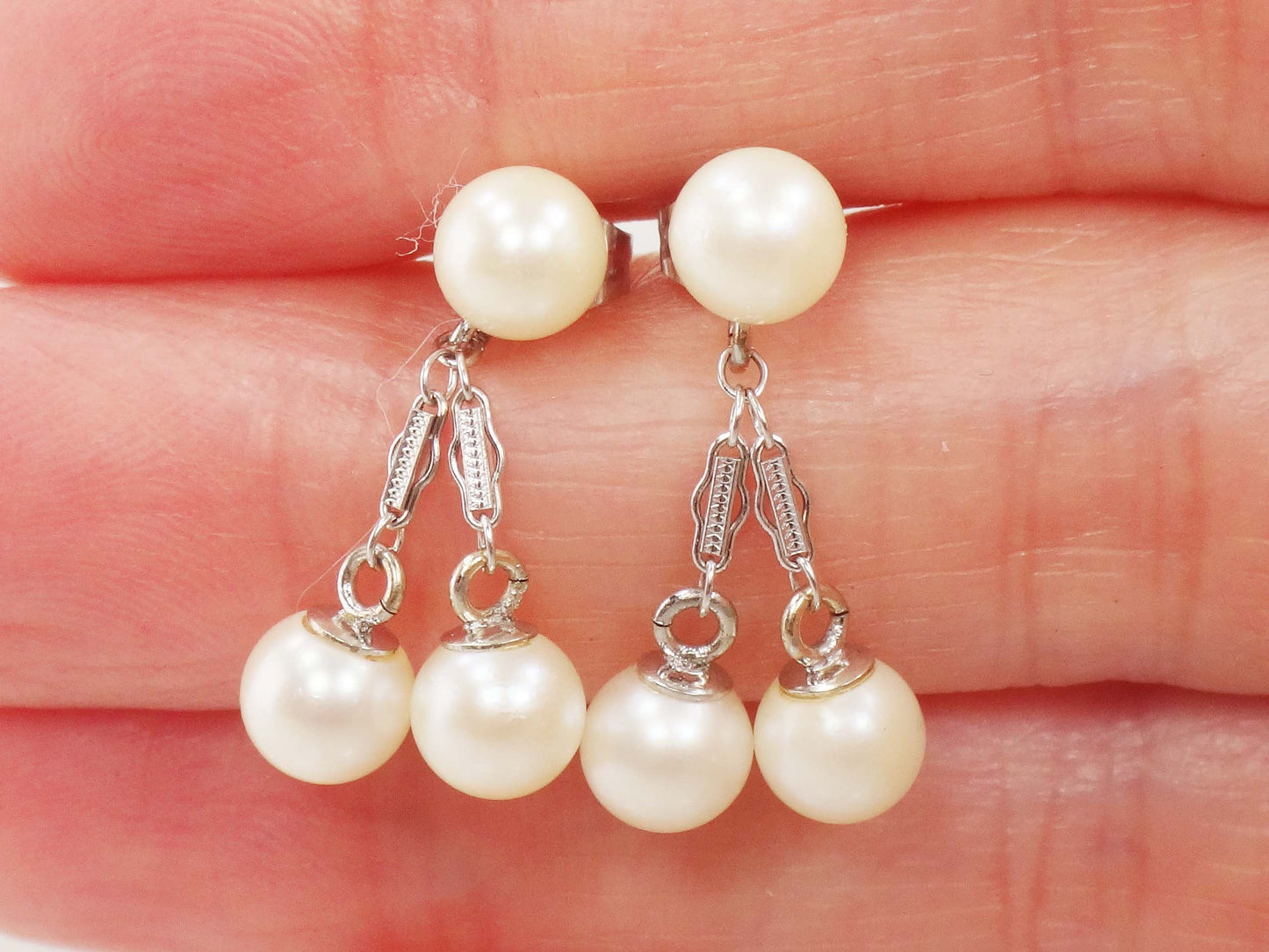 Vintage 14k White Gold Pearl Dangle Earrings, Bridal Fine Jewelry