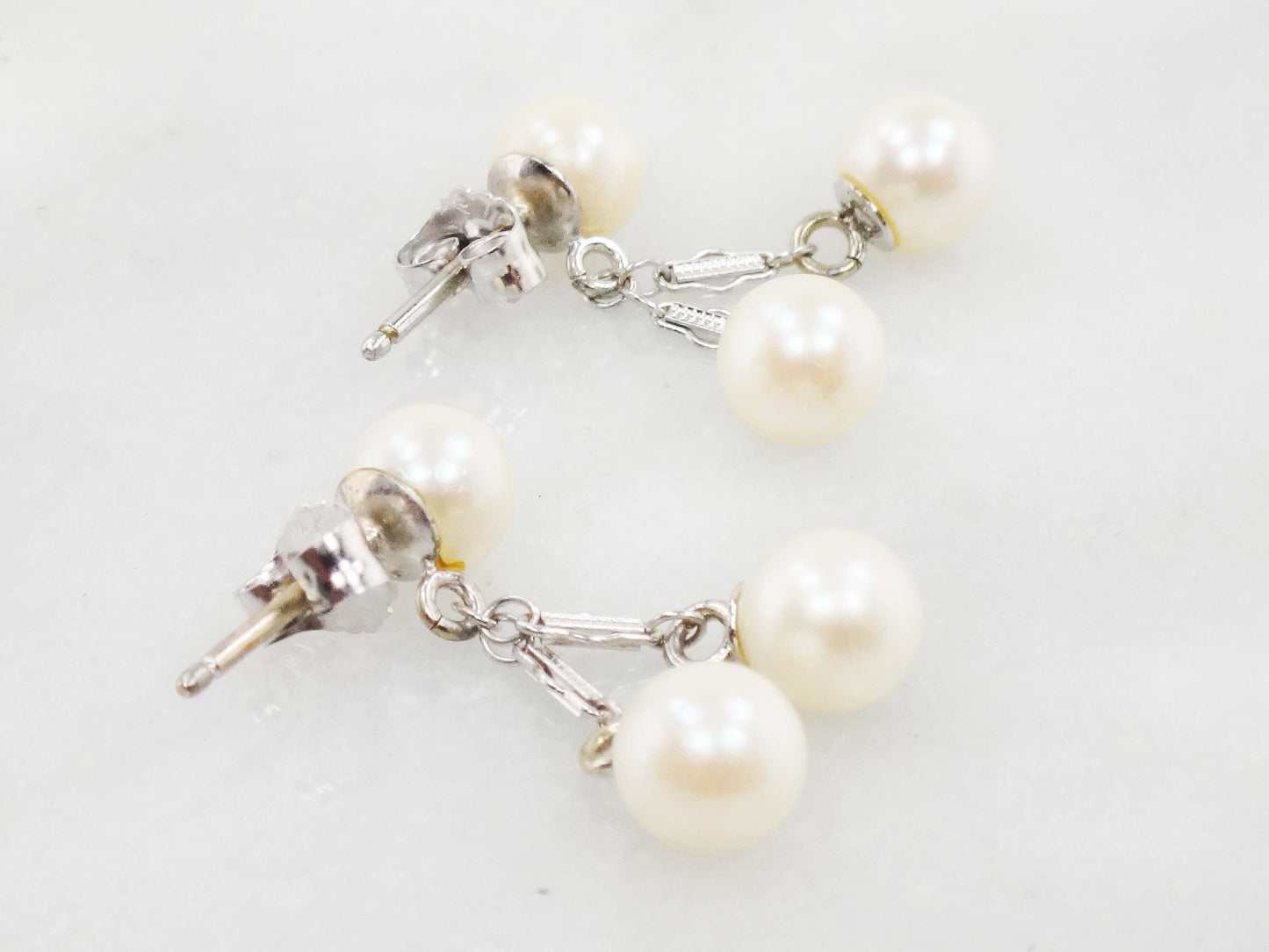 Vintage 14k White Gold Pearl Dangle Earrings, Bridal Fine Jewelry