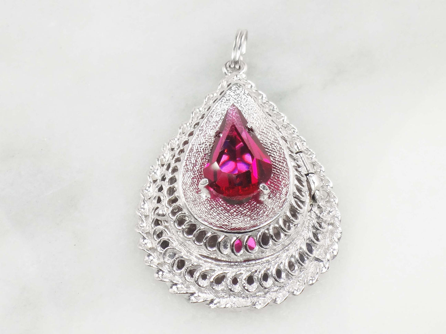 Vintage 14k White Gold Teardrop Locket Pendant, Picture Locket Charm with Red Stone