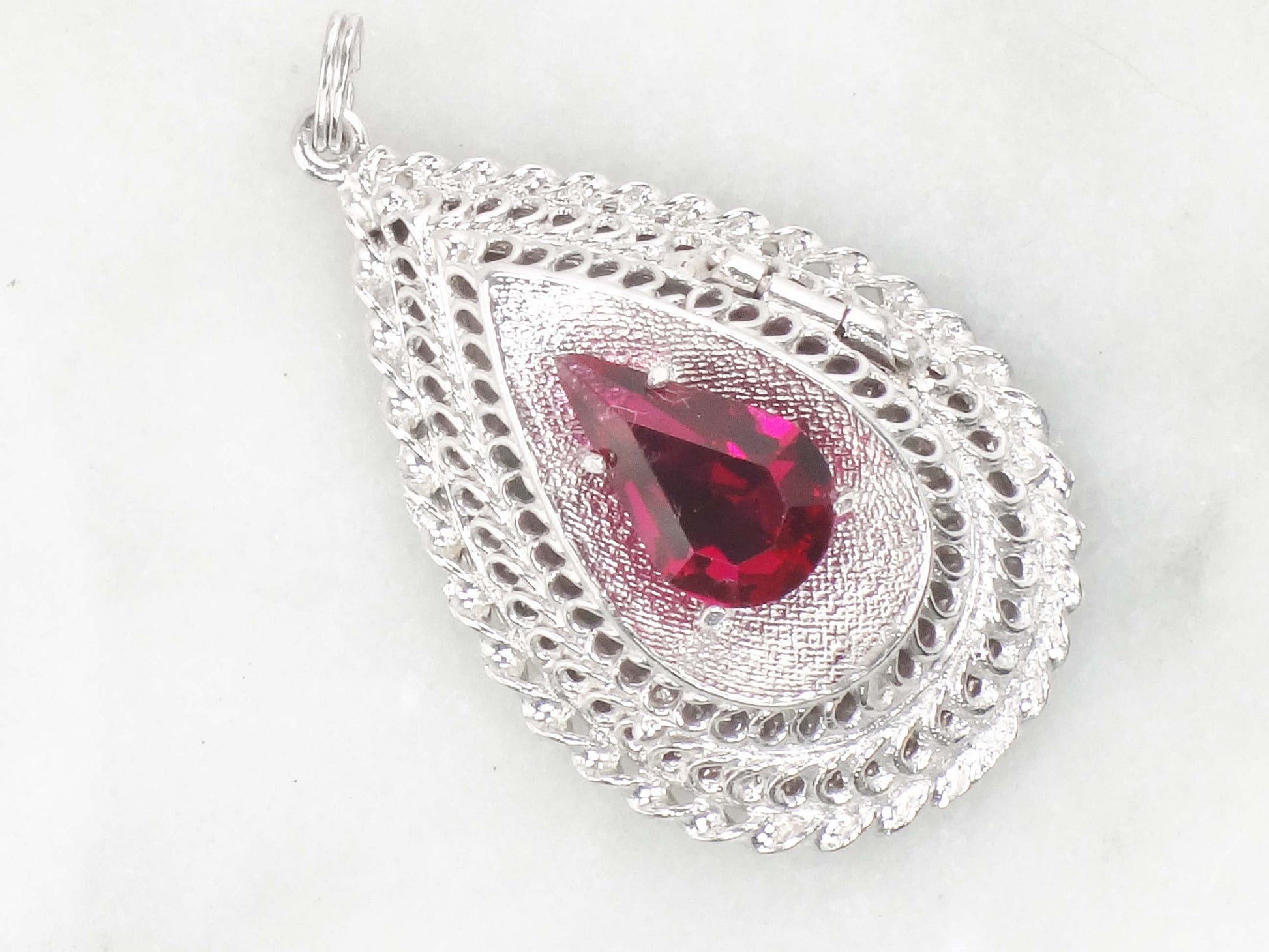 Vintage 14k White Gold Teardrop Locket Pendant, Picture Locket Charm with Red Stone