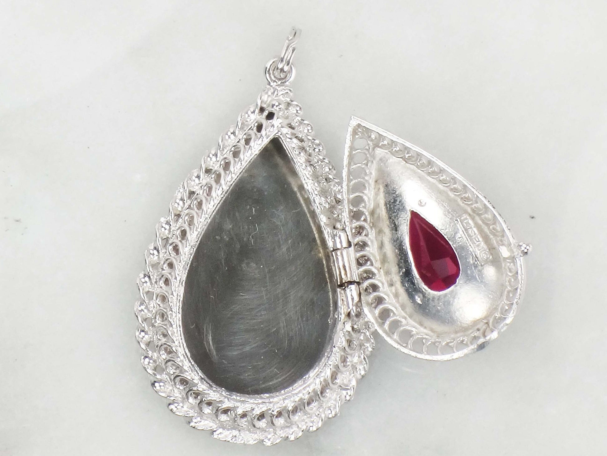 Vintage 14k White Gold Teardrop Locket Pendant, Picture Locket Charm with Red Stone