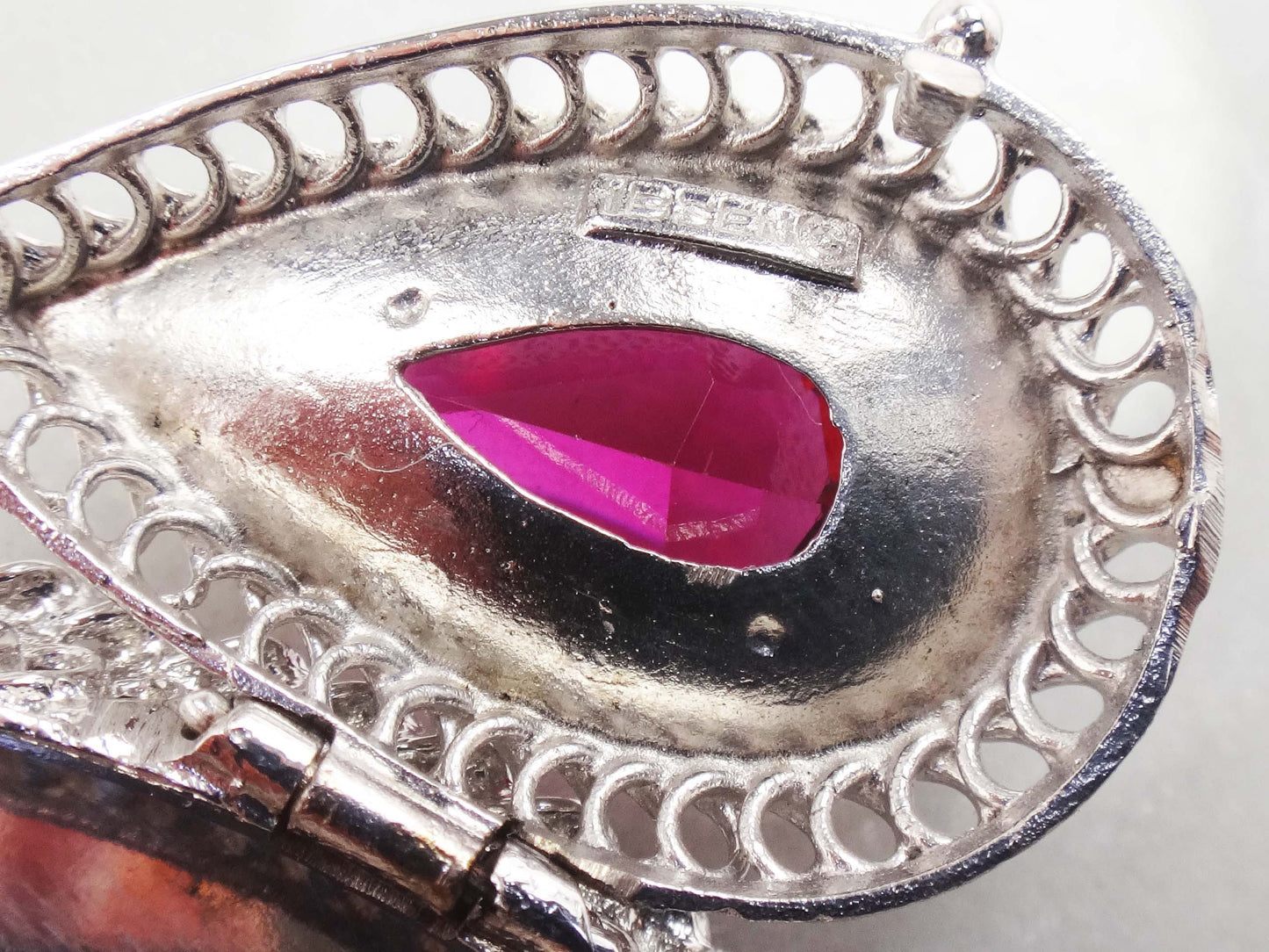 Vintage 14k White Gold Teardrop Locket Pendant, Picture Locket Charm with Red Stone