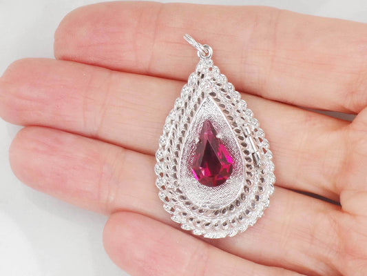 Vintage 14k White Gold Teardrop Locket Pendant, Picture Locket Charm with Red Stone