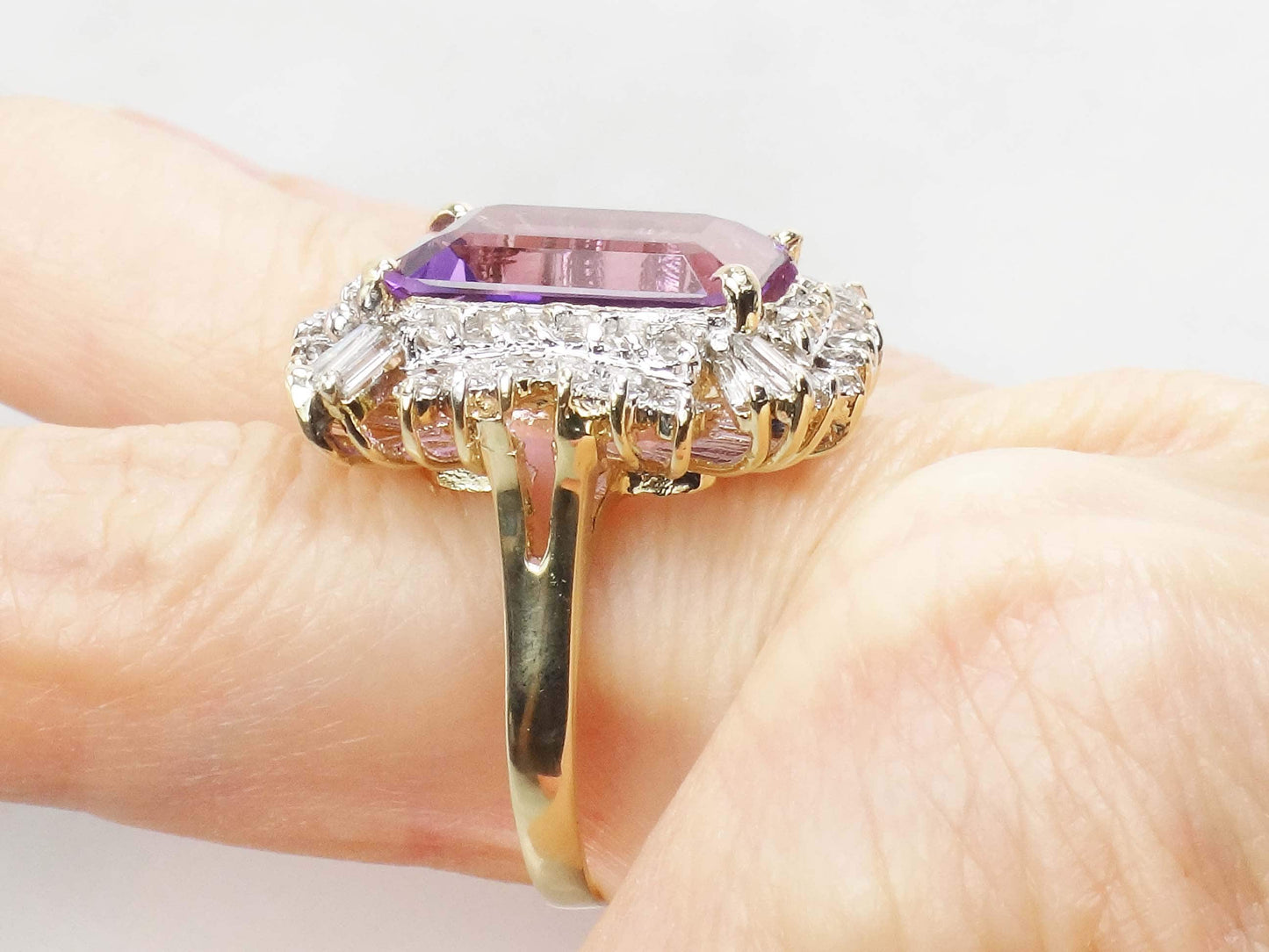 Vintage 14k Gold Amethyst Ring with Diamonds: 10 CT Statement Ring