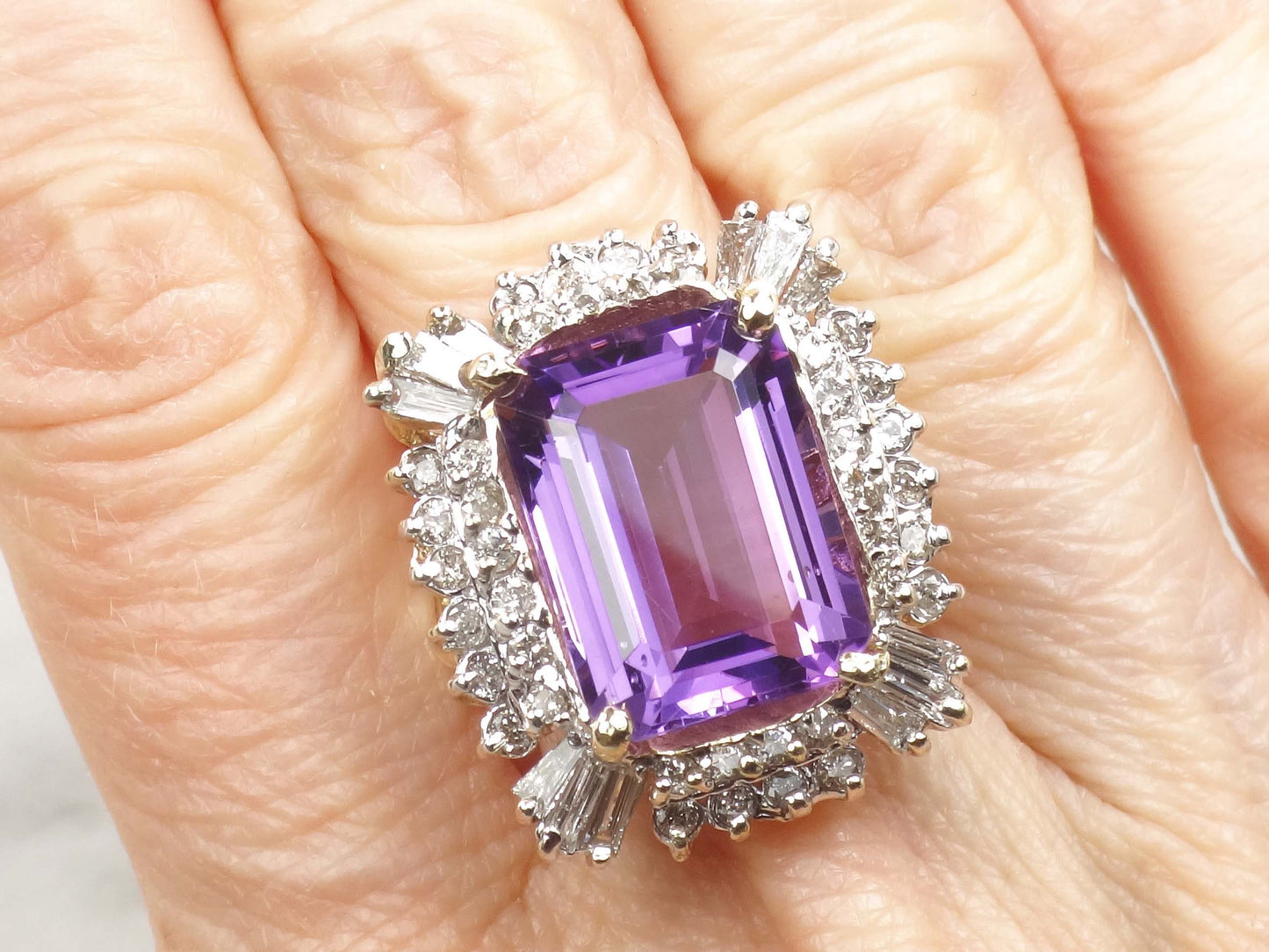 Vintage Large 14k Gold Amethyst Ring with Diamonds, 10 CT Natural Amethyst Statement Ring 1.5 CT Diamonds