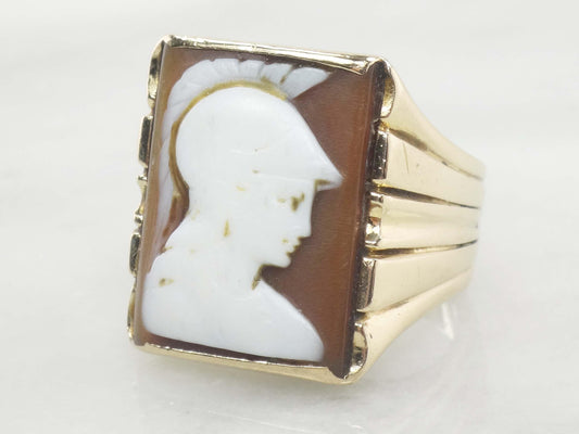 Vintage 14k Gold Cameo Ring: Carved Roman Soldier, Antique, Size 8