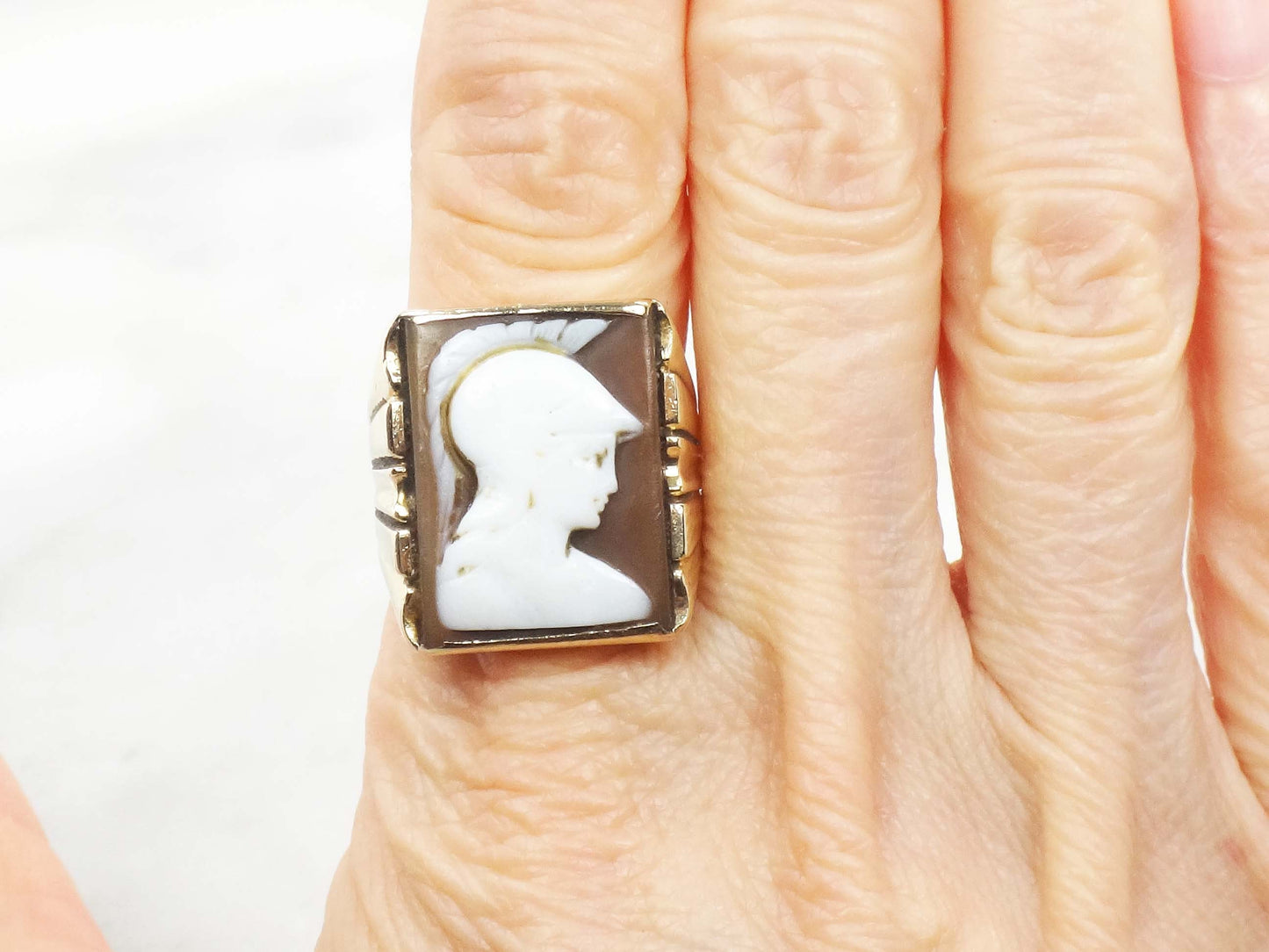 Vintage 14k Cameo Ring Antique Men's Gold Ring Carved Shell Cameo Ring Men's Ring Roman Soldier Ring Size 8 Men's Cameo Ring