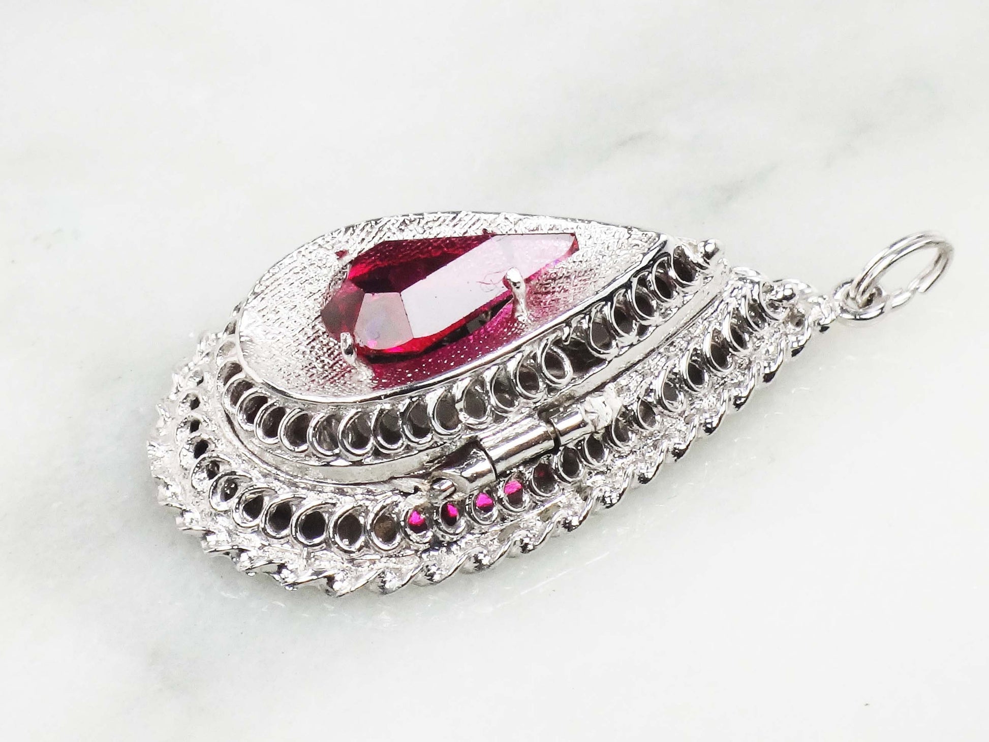 Vintage 14k White Gold Teardrop Locket Pendant, Picture Locket Charm with Red Stone