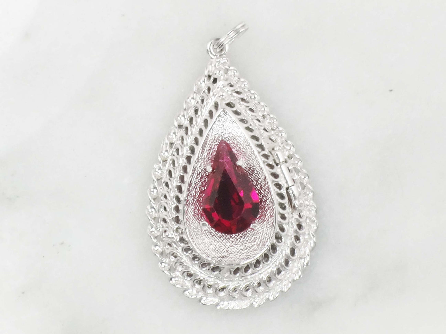 Vintage 14k White Gold Teardrop Locket Pendant, Picture Locket Charm with Red Stone