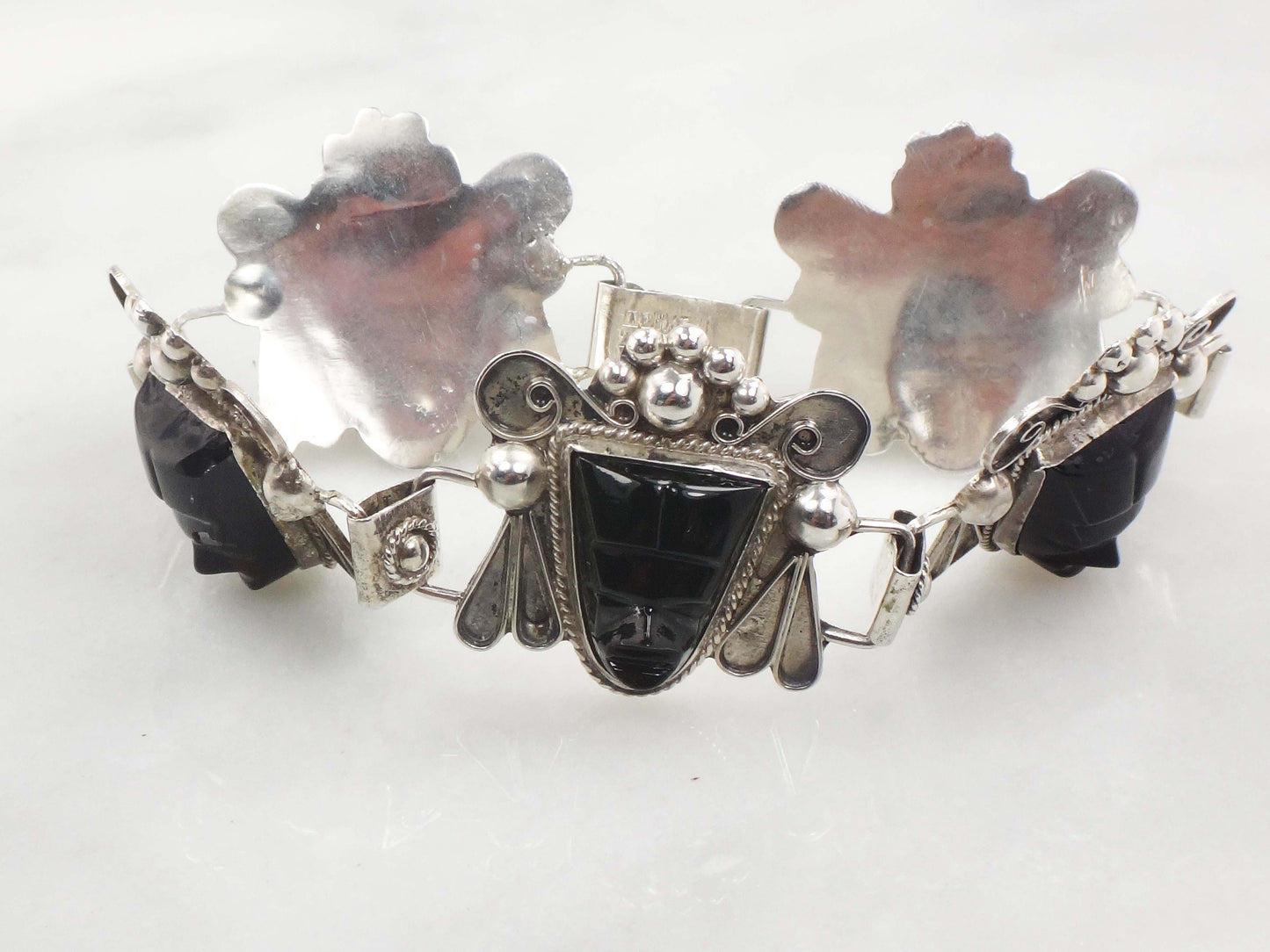 Vintage Sterling Silver Panel Bracelet Mexico Hinged Mask Bracelet Carved Black Onyx Faces Bracelet Wide Bracelet Statement Bracelet 8"