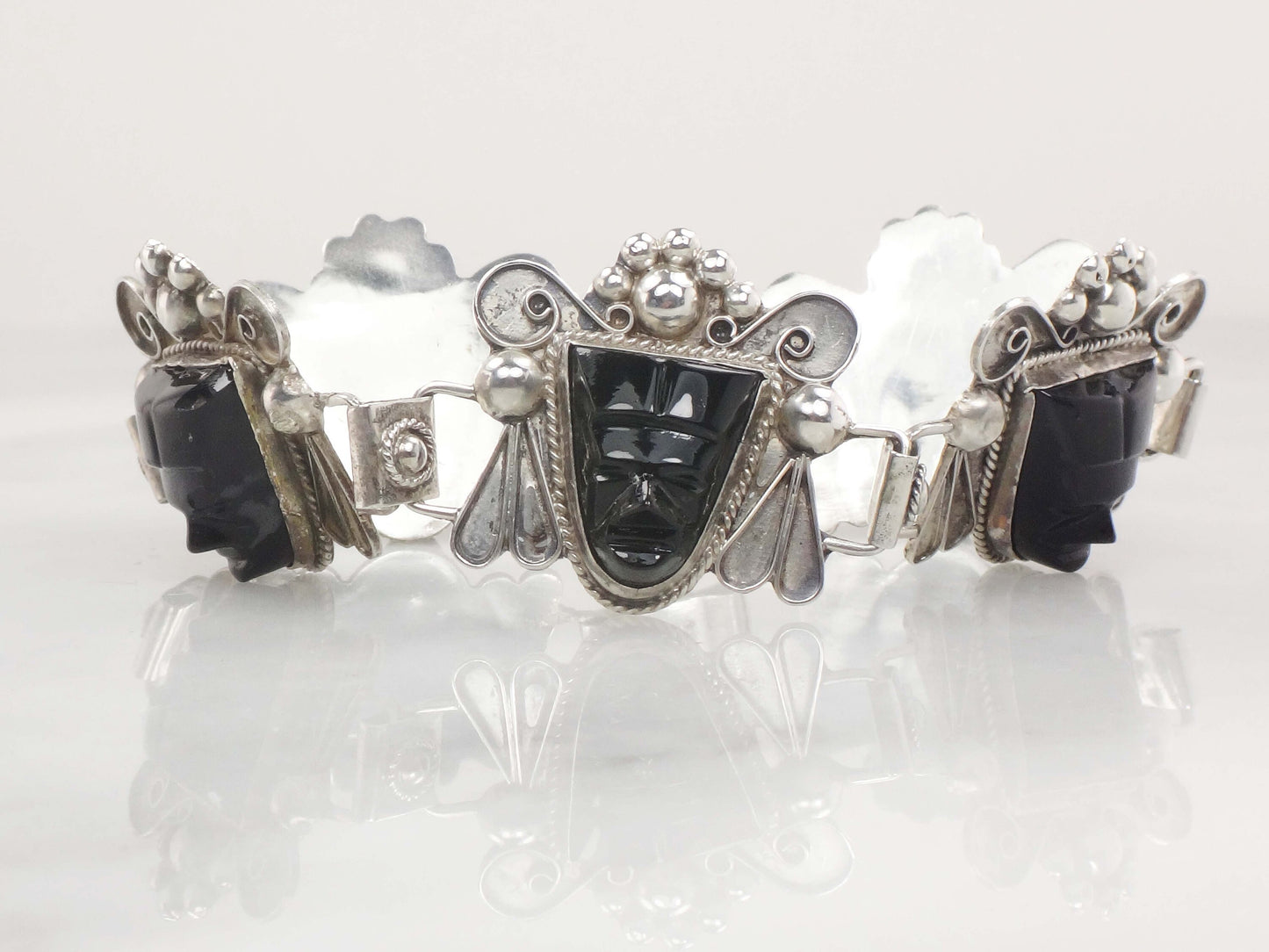 Vintage Sterling Silver Panel Bracelet Mexico Hinged Mask Bracelet Carved Black Onyx Faces Bracelet Wide Bracelet Statement Bracelet 8"
