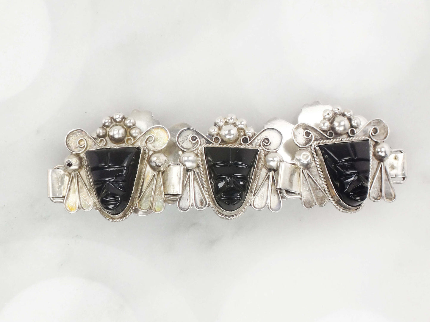 Vintage Sterling Silver Panel Bracelet Mexico Hinged Mask Bracelet Carved Black Onyx Faces Bracelet Wide Bracelet Statement Bracelet 8"