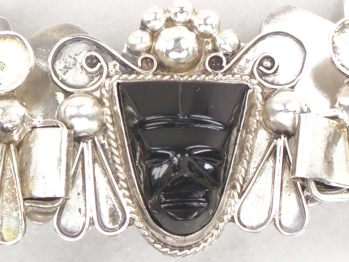 Vintage Mexico Sterling Silver Panel Bracelet: Carved Onyx Mask, 8"