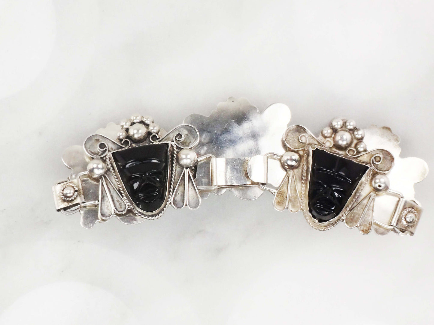 Vintage Sterling Silver Panel Bracelet Mexico Hinged Mask Bracelet Carved Black Onyx Faces Bracelet Wide Bracelet Statement Bracelet 8"