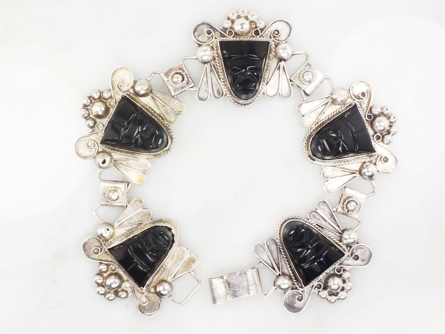 Vintage Sterling Silver Panel Bracelet Mexico Hinged Mask Bracelet Carved Black Onyx Faces Bracelet Wide Bracelet Statement Bracelet 8"
