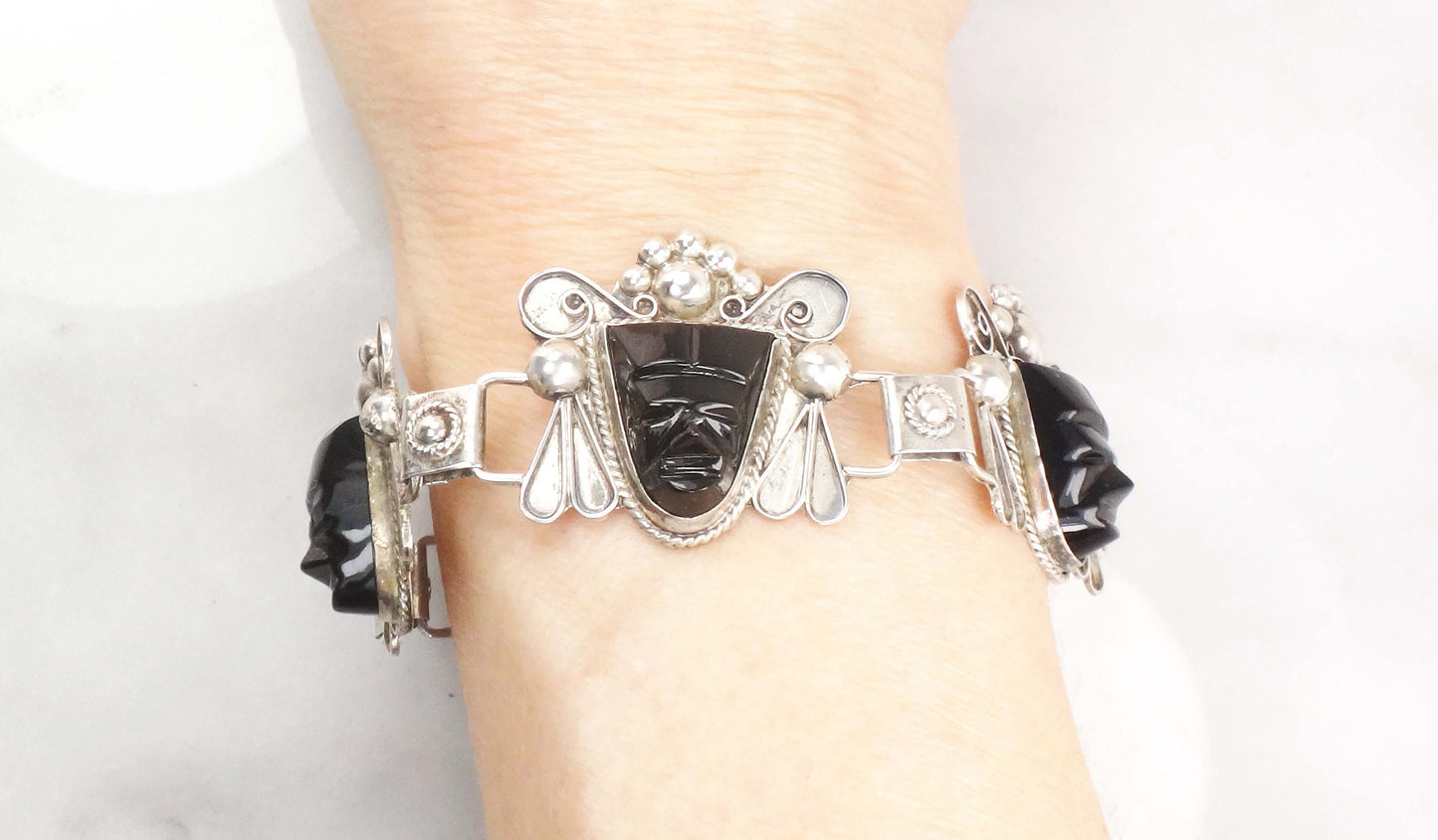 Vintage Sterling Silver Panel Bracelet Mexico Hinged Mask Bracelet Carved Black Onyx Faces Bracelet Wide Bracelet Statement Bracelet 8"