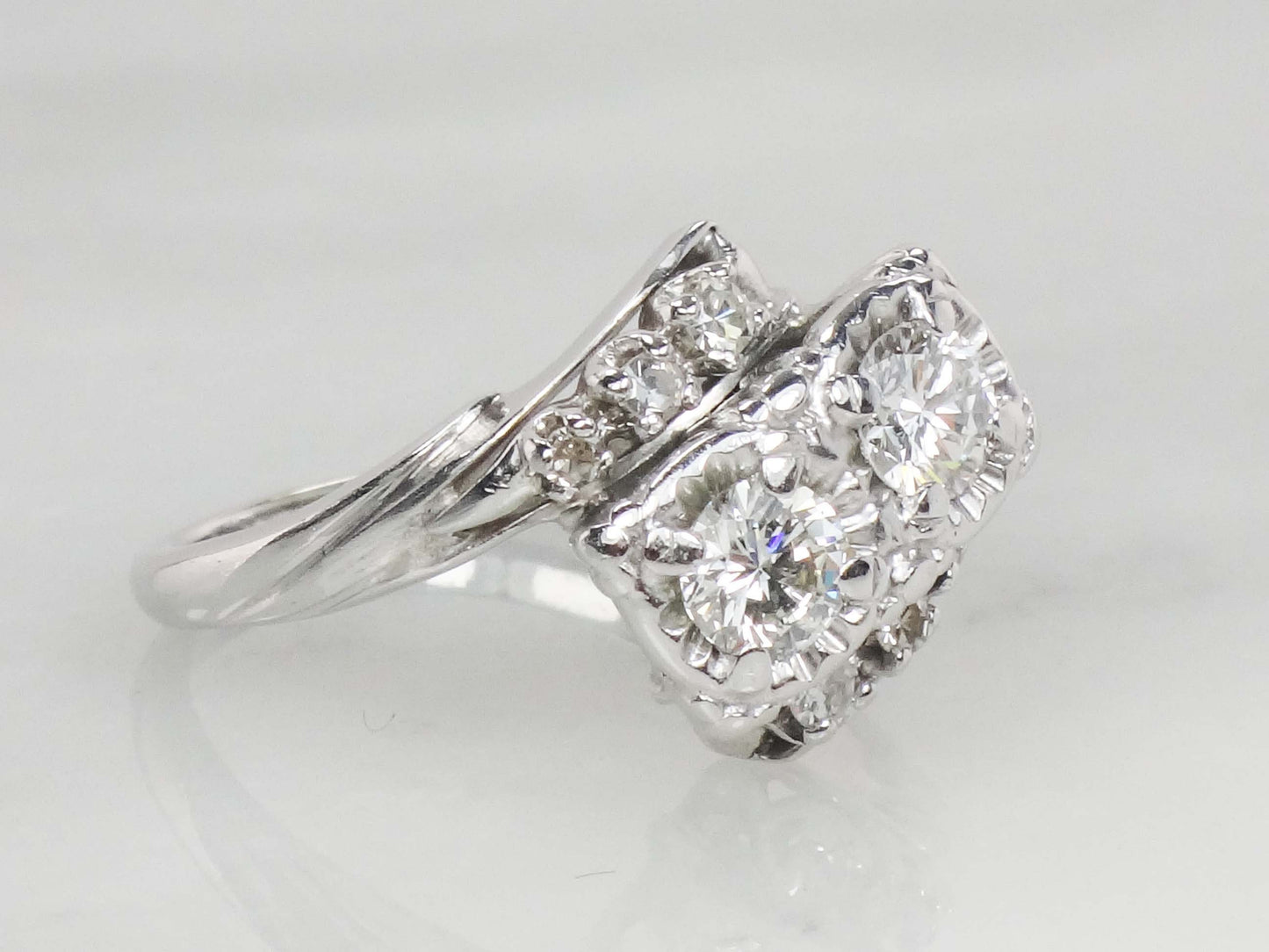 Vintage 14k Toi et Moi Natural Diamond Ring White Gold Two Diamond Ring .75 Carat TDW Anniversary Ring