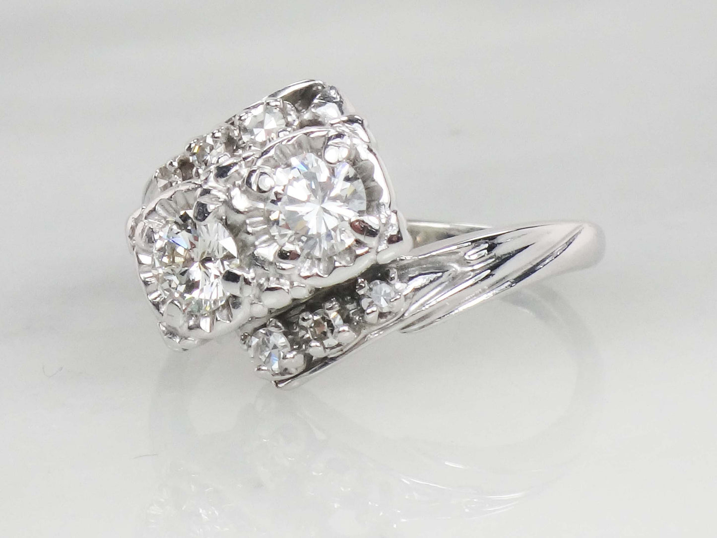 Vintage 14k Toi et Moi Natural Diamond Ring White Gold Two Diamond Ring .75 Carat TDW Anniversary Ring