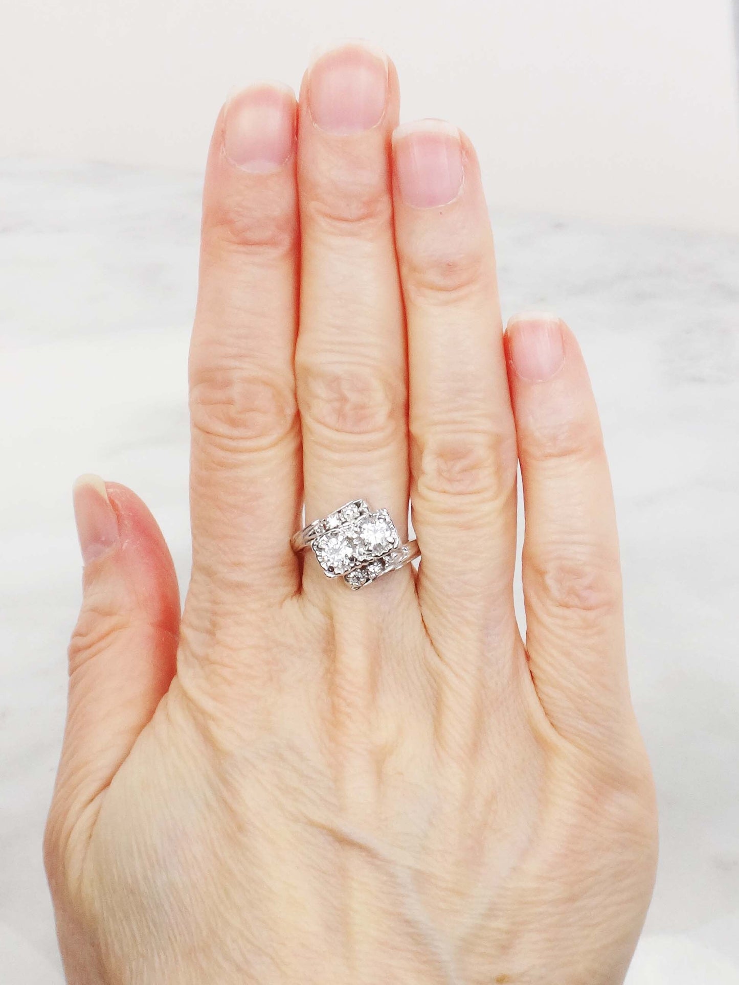 Vintage 14k Toi et Moi Natural Diamond Ring White Gold Two Diamond Ring .75 Carat TDW Anniversary Ring
