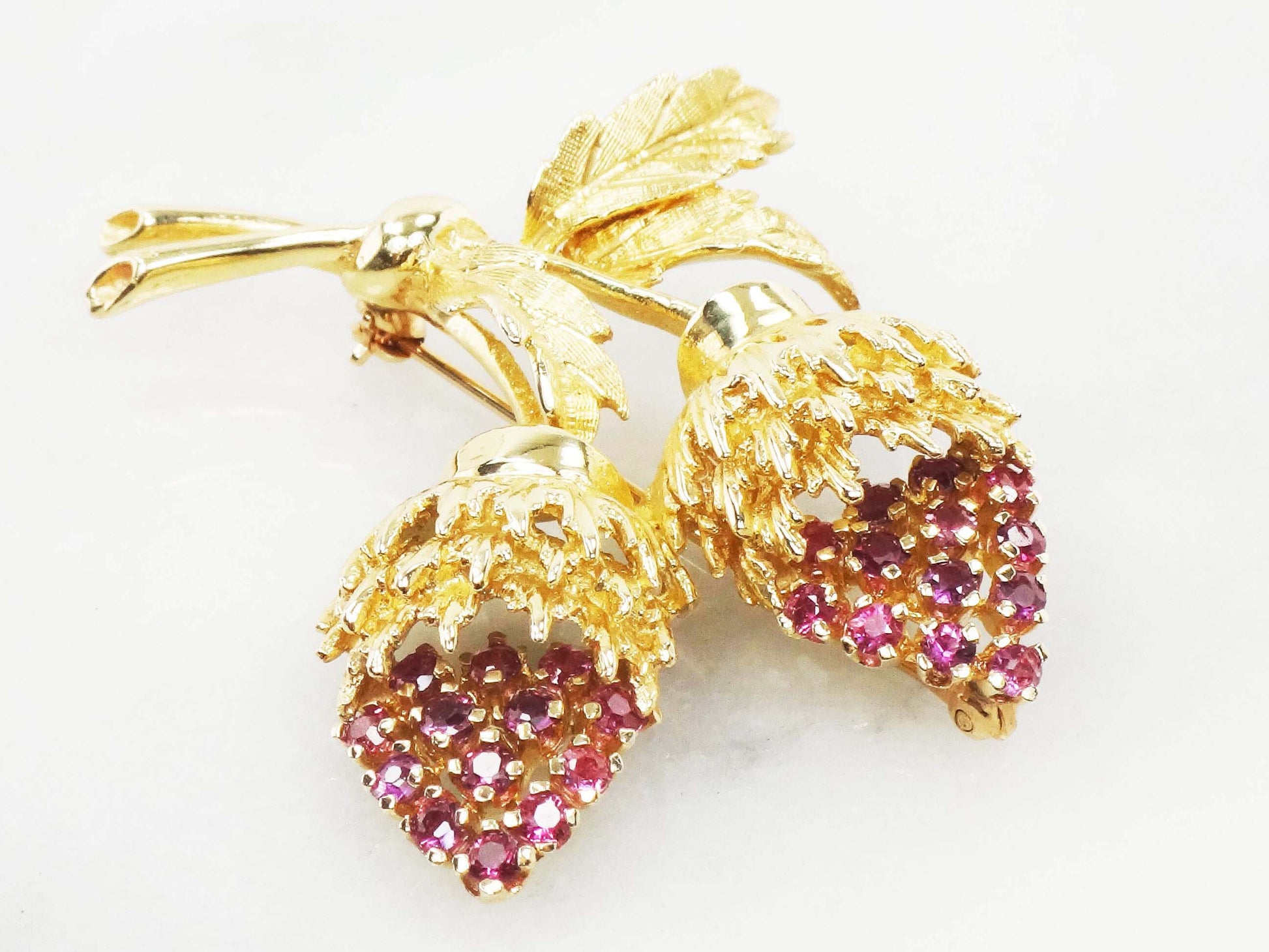 14k Yellow Gold Ruby Strawberries Pin - Vintage Jeweled Brooch