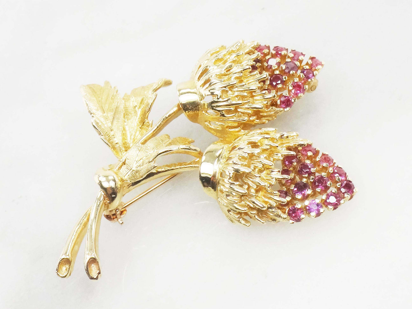 14k Yellow Gold Ruby Strawberries Pin - Vintage Jeweled Brooch