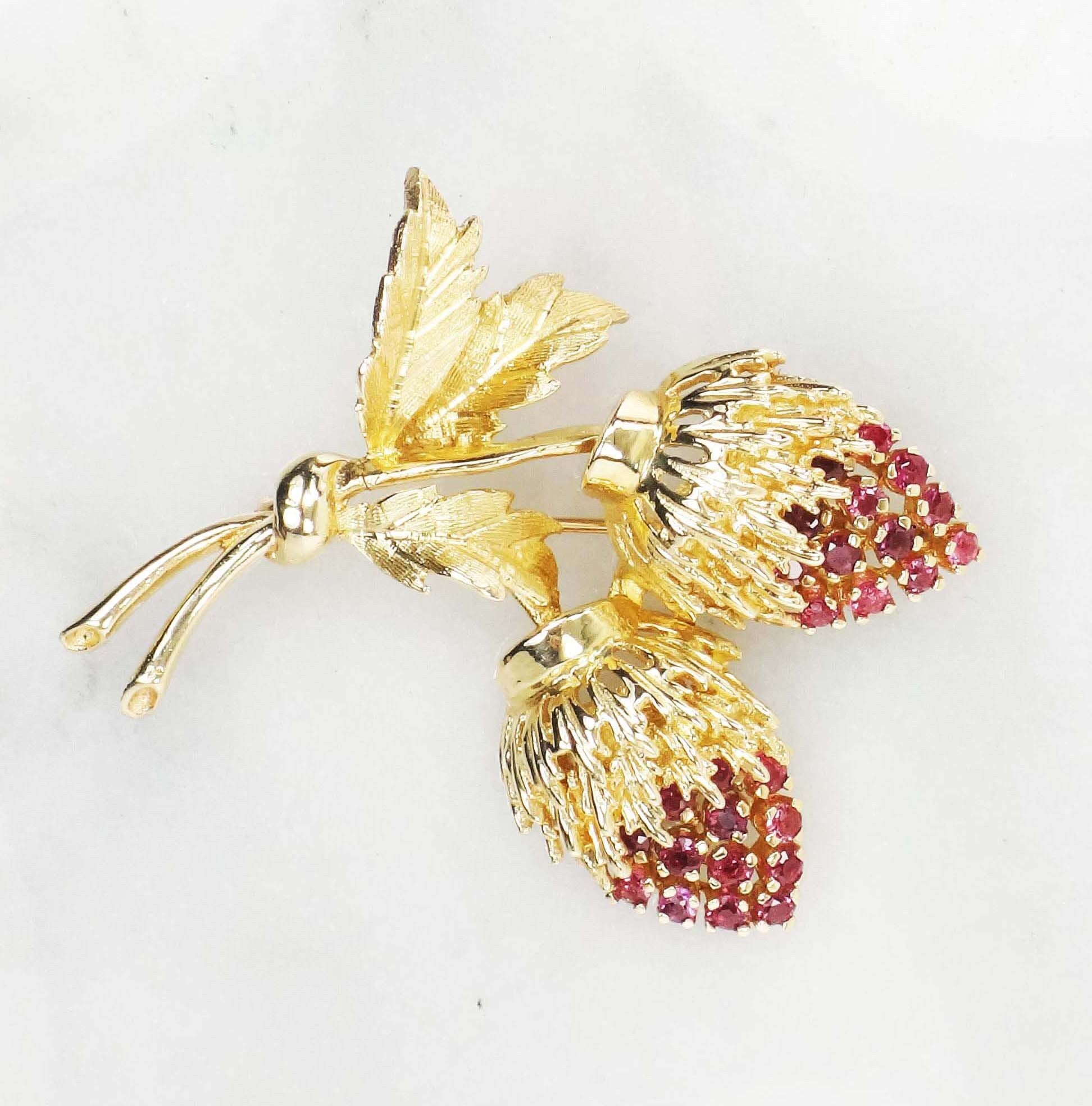 14k Yellow Gold Ruby Strawberries Pin - Vintage Jeweled Brooch