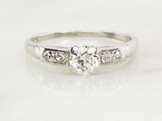 Vintage Platinum Diamond Engagement Ring: Transitional Cut, Circa 1940s, Size 7.5