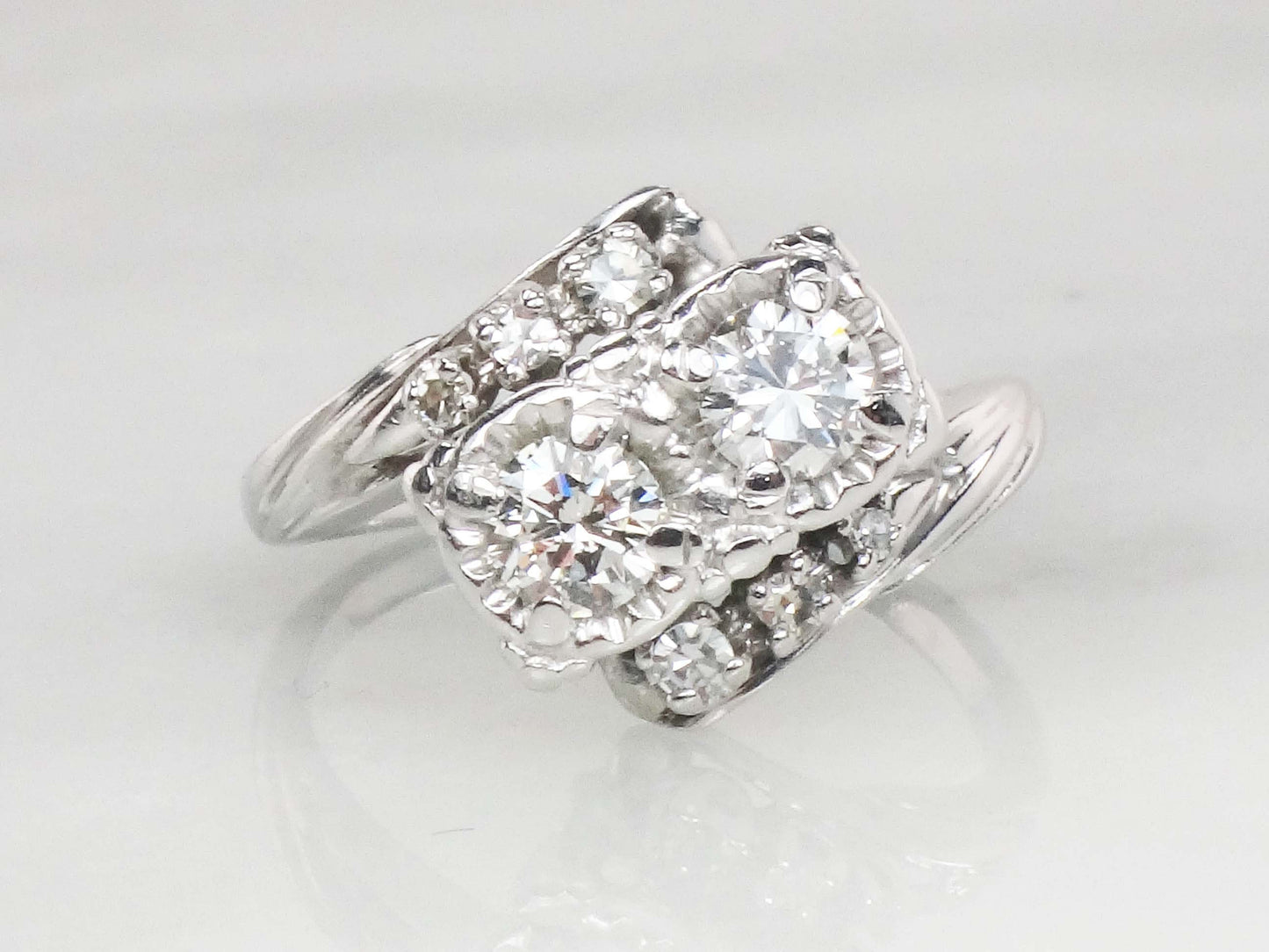 Vintage 14k Toi et Moi Natural Diamond Ring White Gold Two Diamond Ring .75 Carat TDW Anniversary Ring
