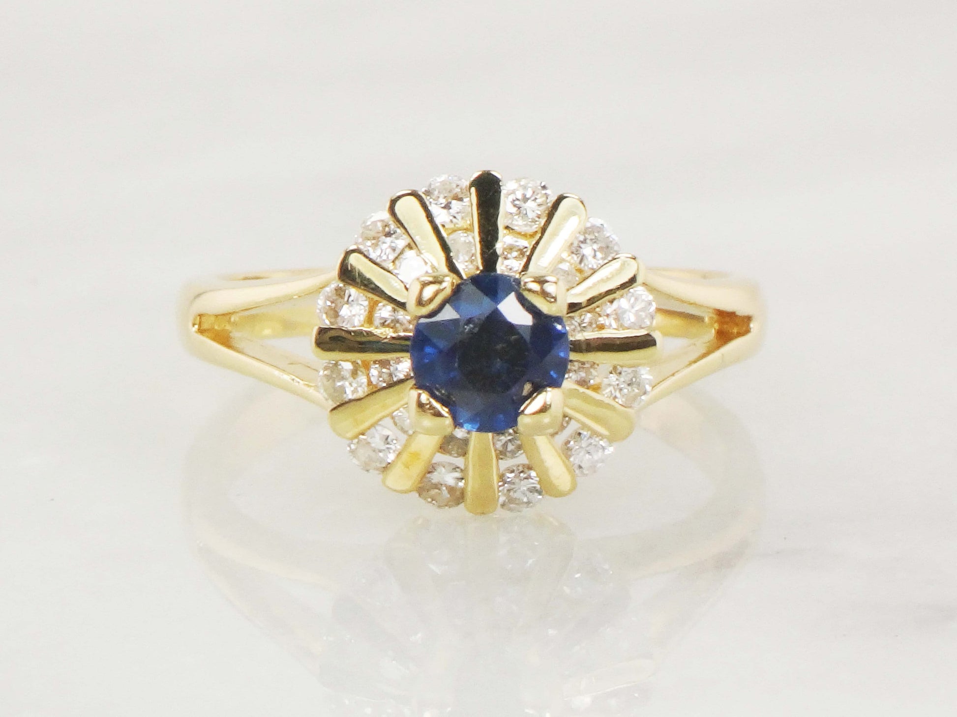 Vintage 14k Yellow Gold Natural Blue Sapphire Diamond Ring, September Birthstone Ring Size 6.5