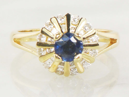 Vintage 14k Yellow Gold Natural Blue Sapphire Diamond Ring, September Birthstone Ring Size 6.5