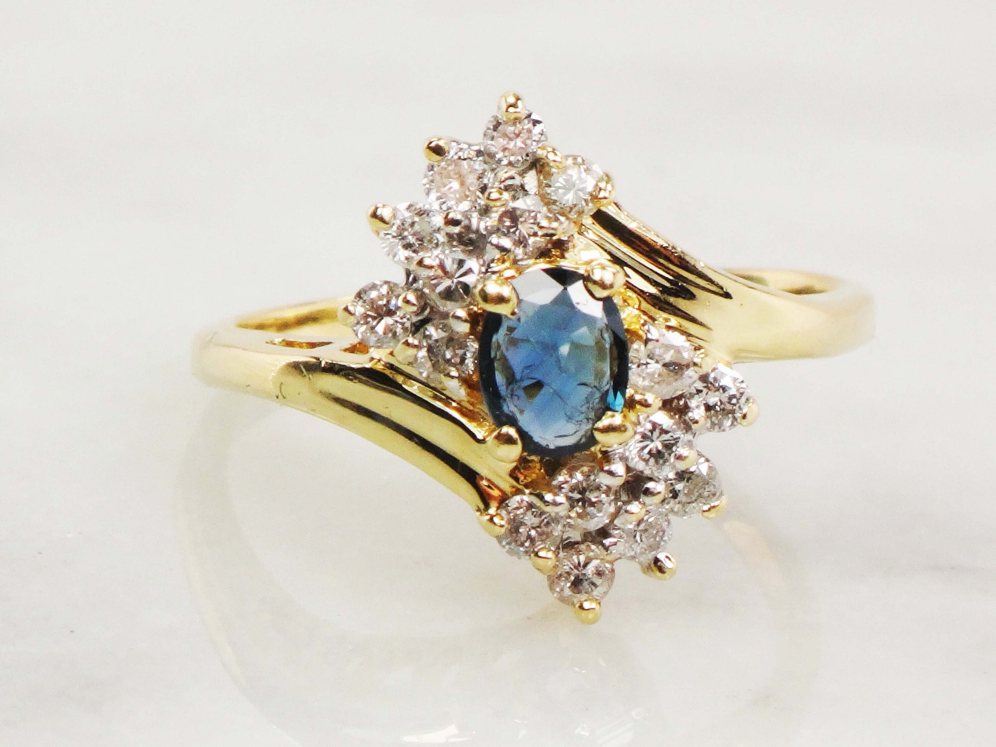 Vintage 14k Natural Blue Sapphire Diamond Ring, Oval September Birthstone Ring Size 8
