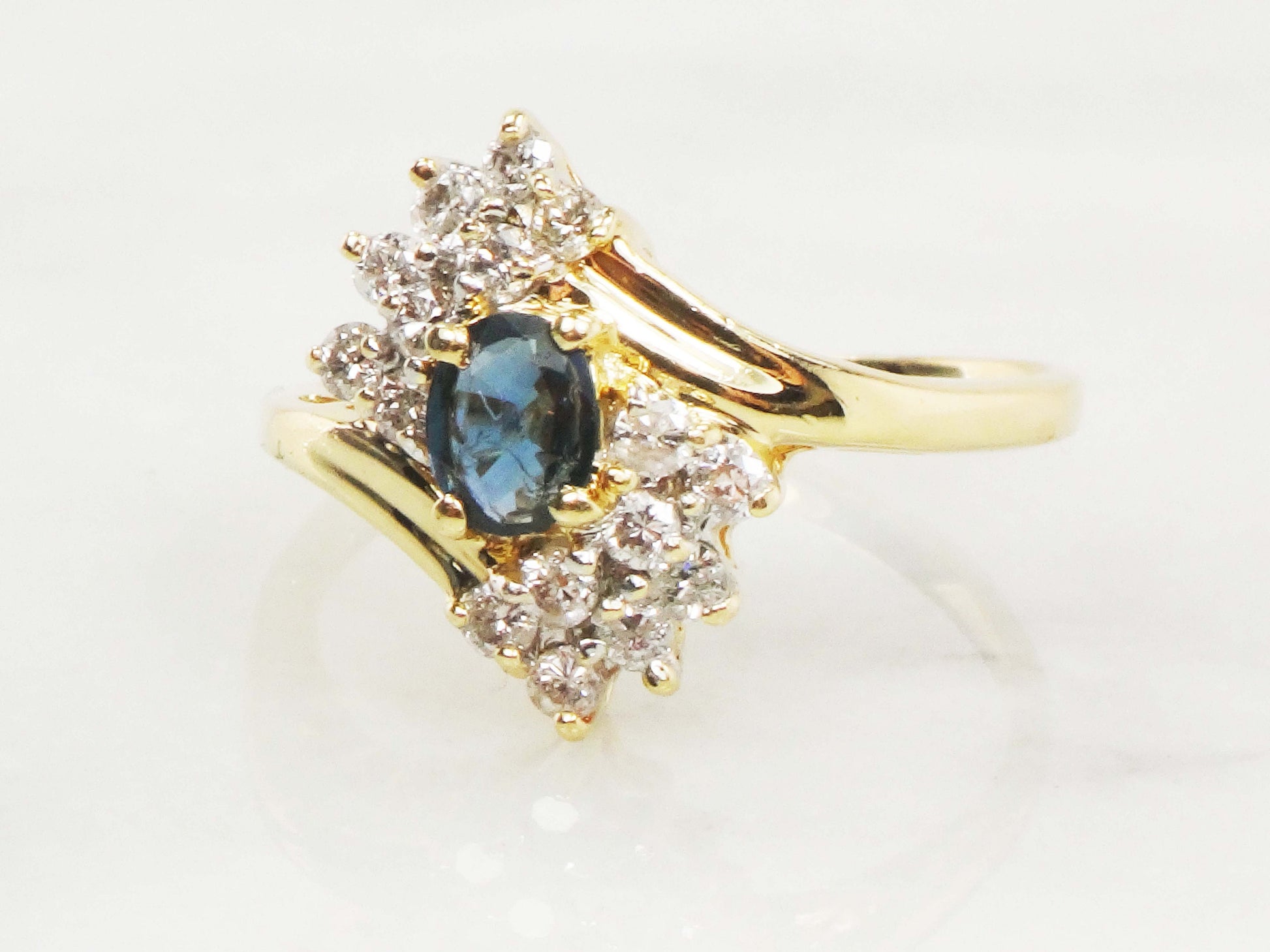 Vintage 14k Natural Blue Sapphire Diamond Ring, Oval September Birthstone Ring Size 8