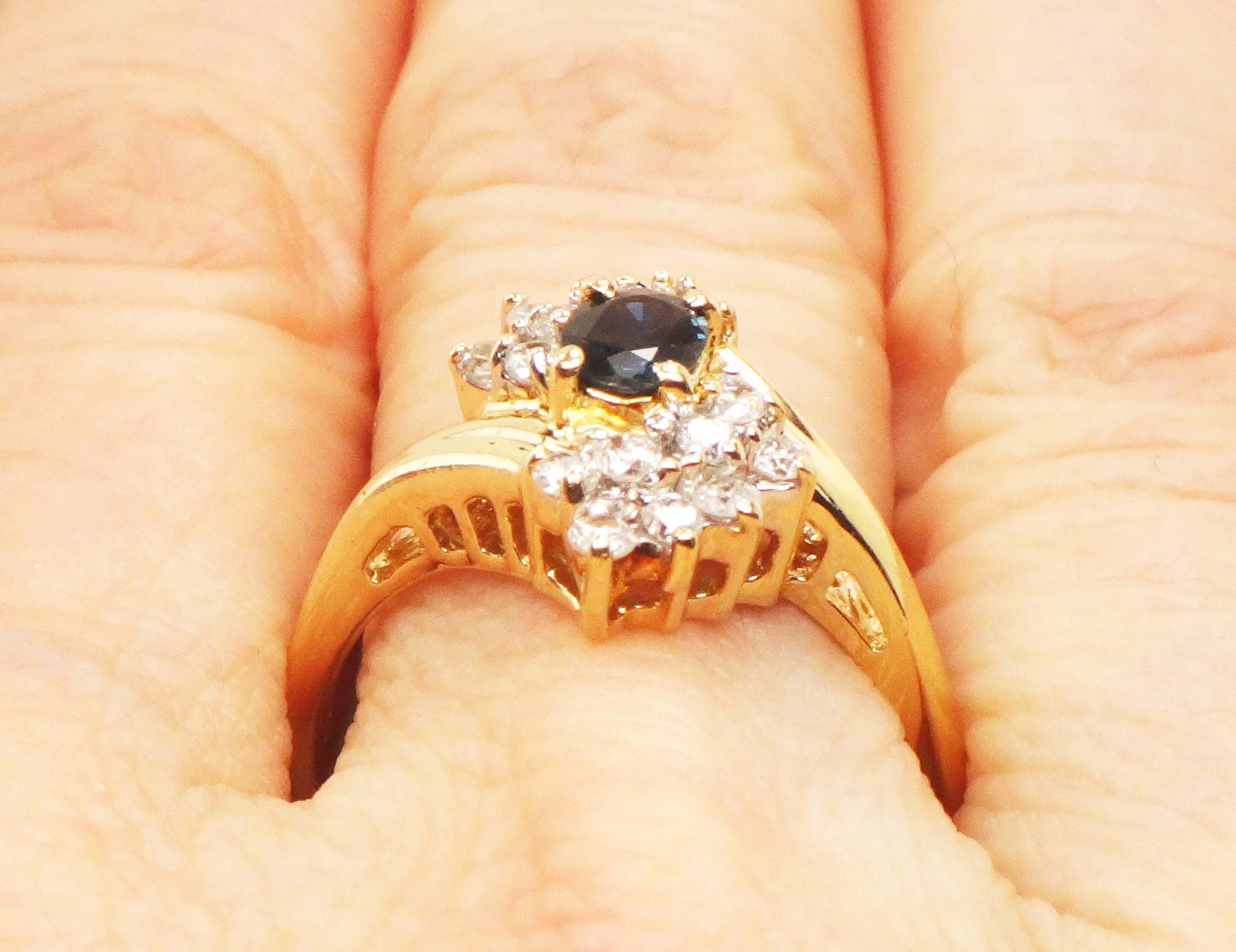 Vintage 14k Natural Blue Sapphire Diamond Ring, Oval September Birthstone Ring Size 8