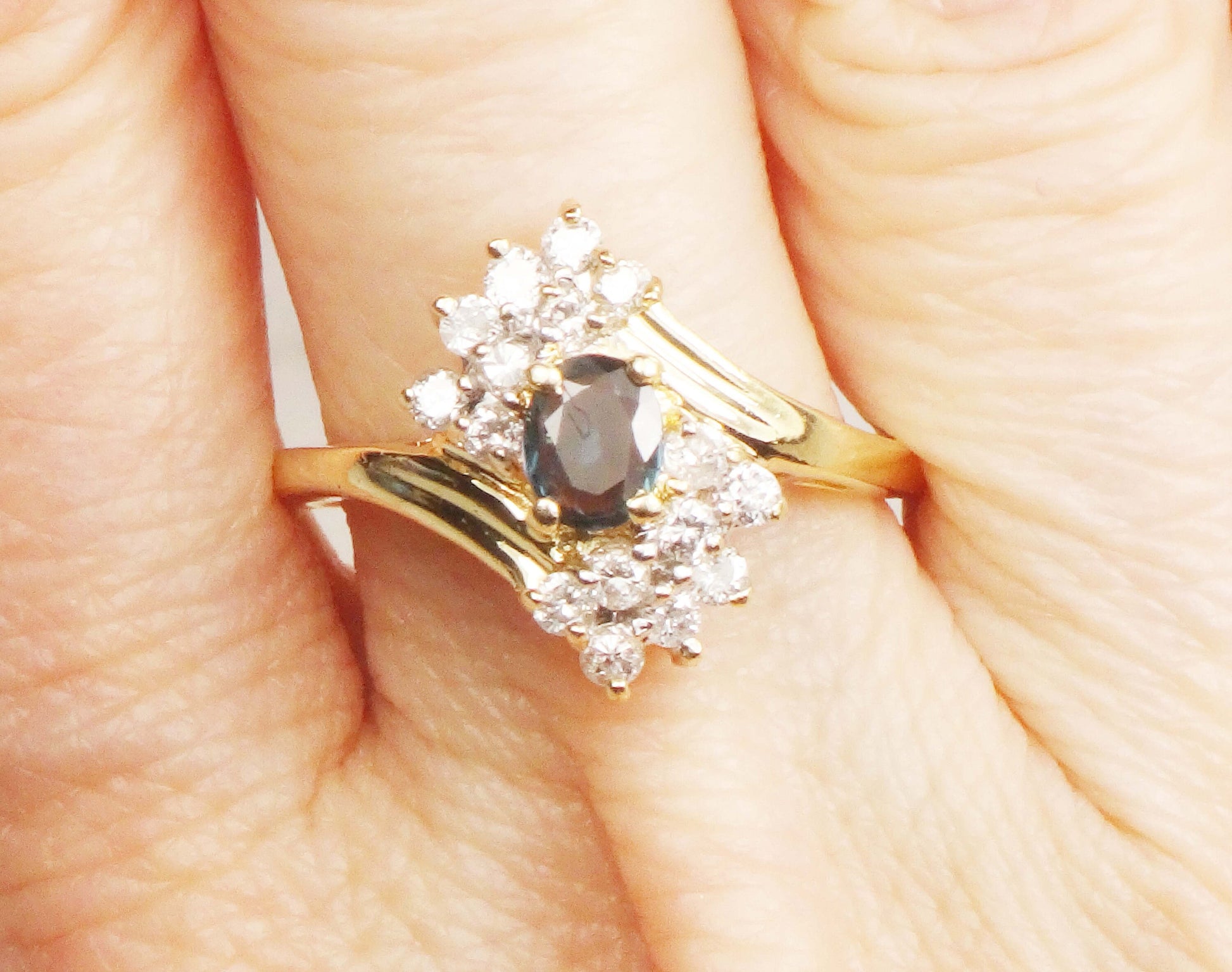 Vintage 14k Natural Blue Sapphire Diamond Ring, Oval September Birthstone Ring Size 8