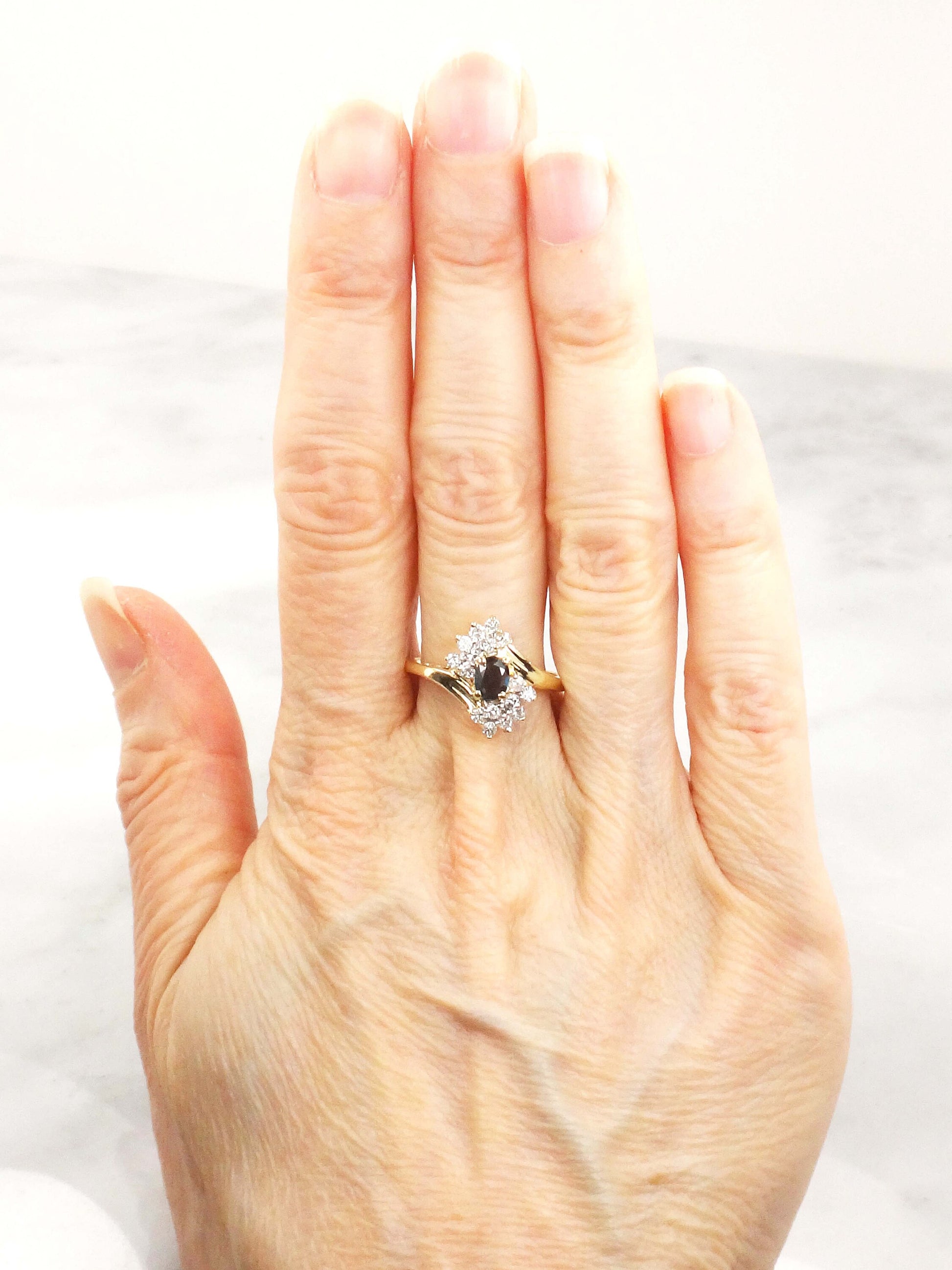 Vintage 14k Natural Blue Sapphire Diamond Ring, Oval September Birthstone Ring Size 8